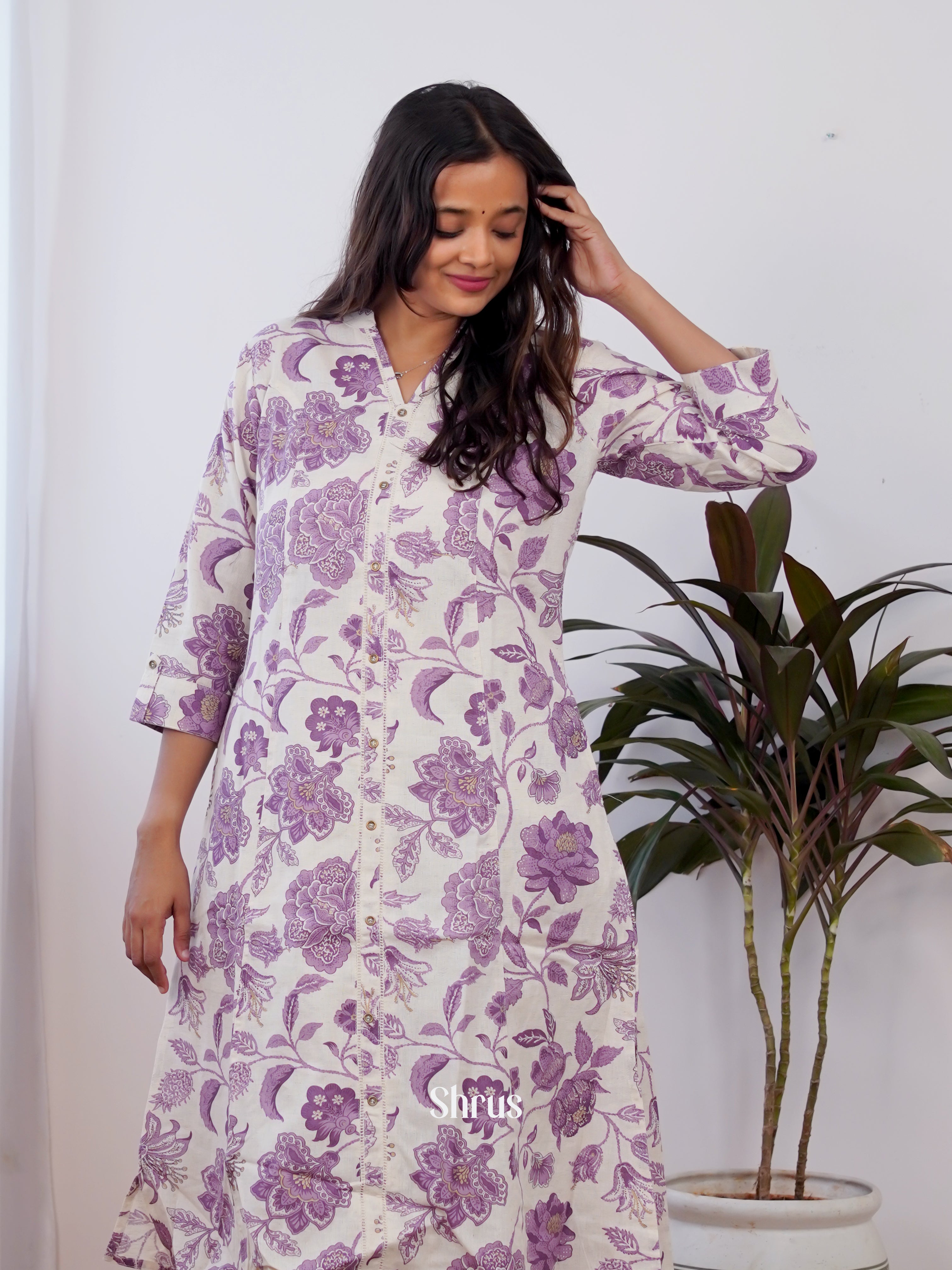 Cream & Purple - 2pc Printed  Readymade Suits