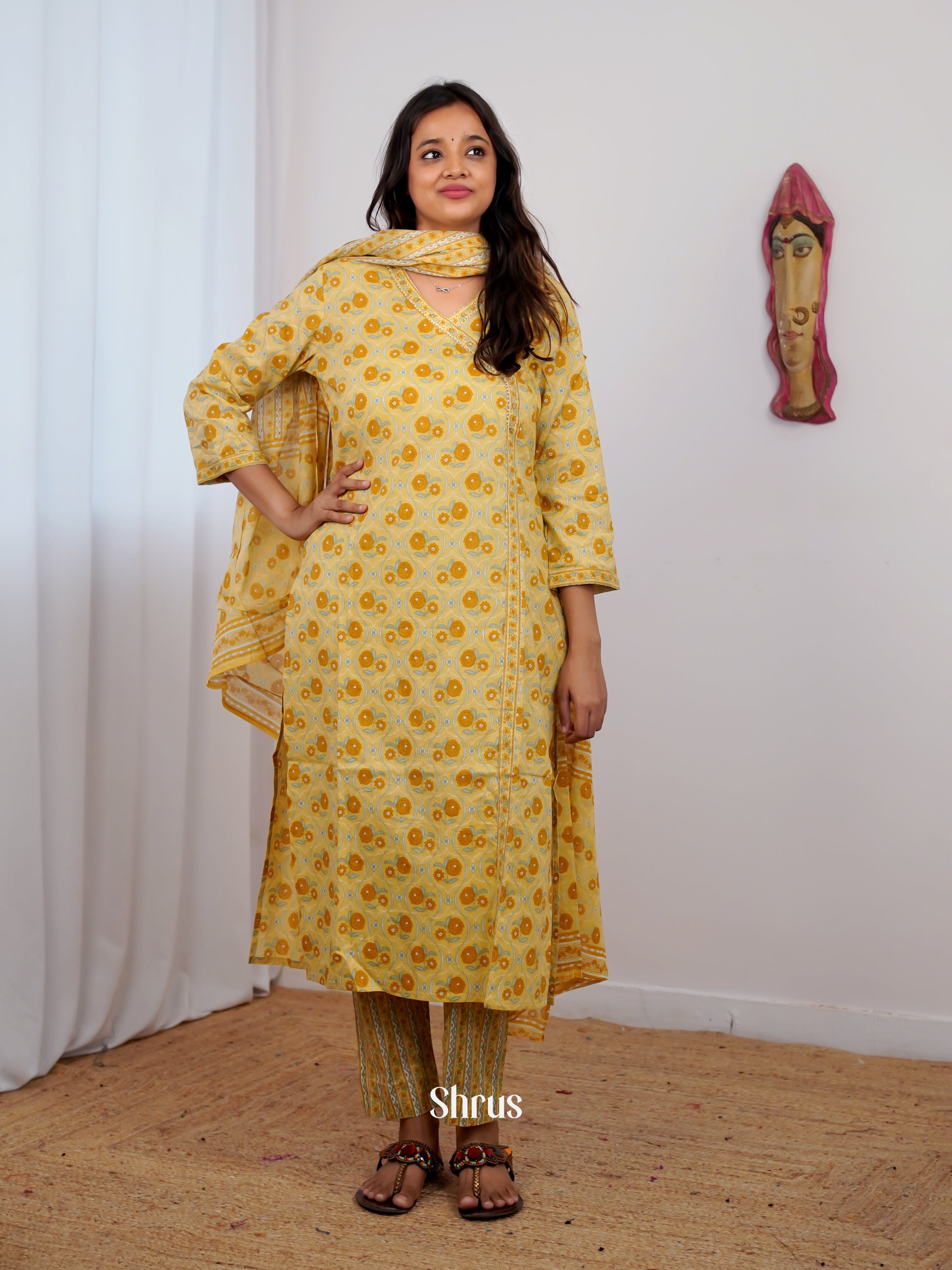 Yellow-3pc printed Casual Readymade Suits