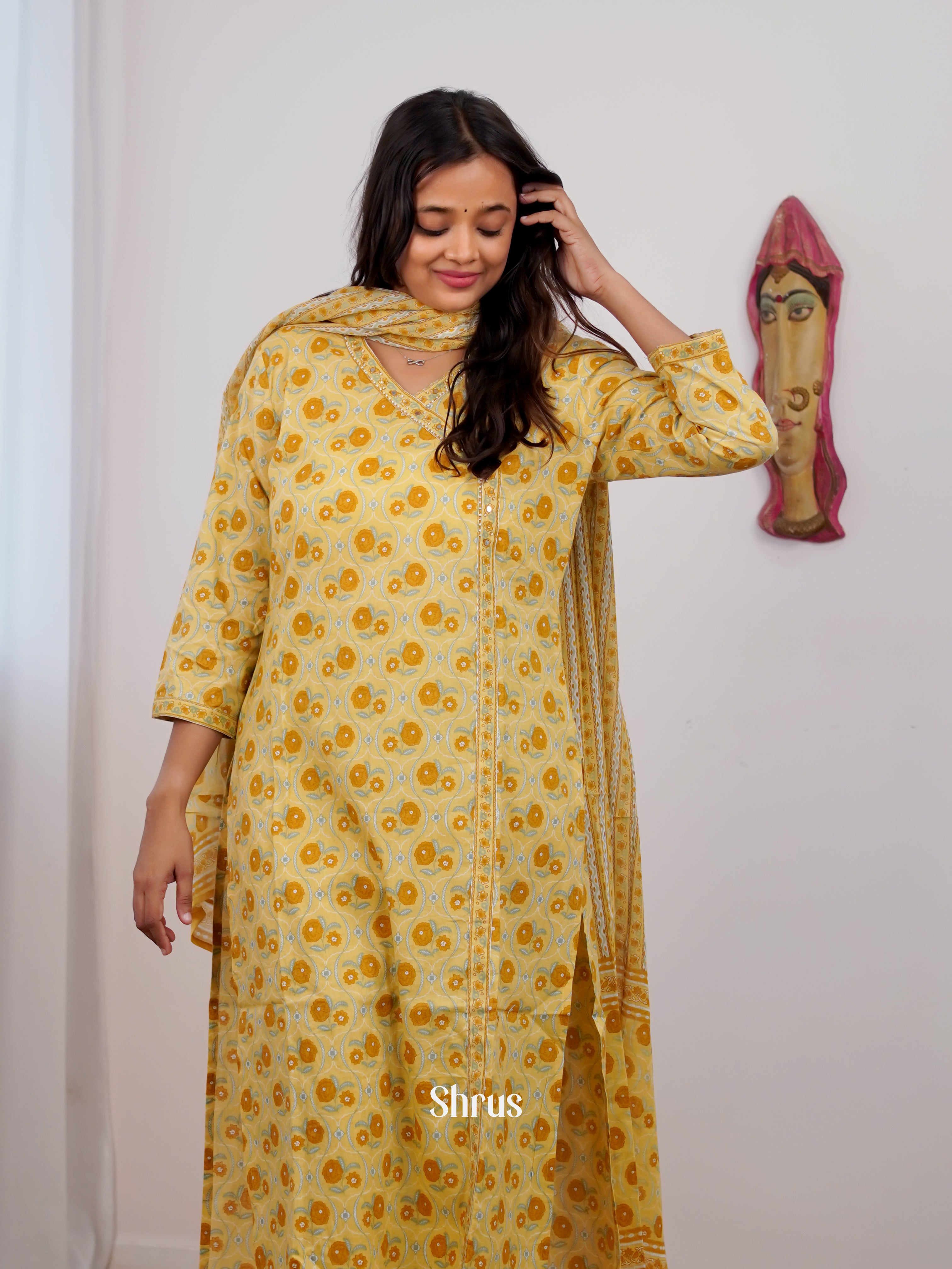 Yellow-3pc printed Casual Readymade Suits