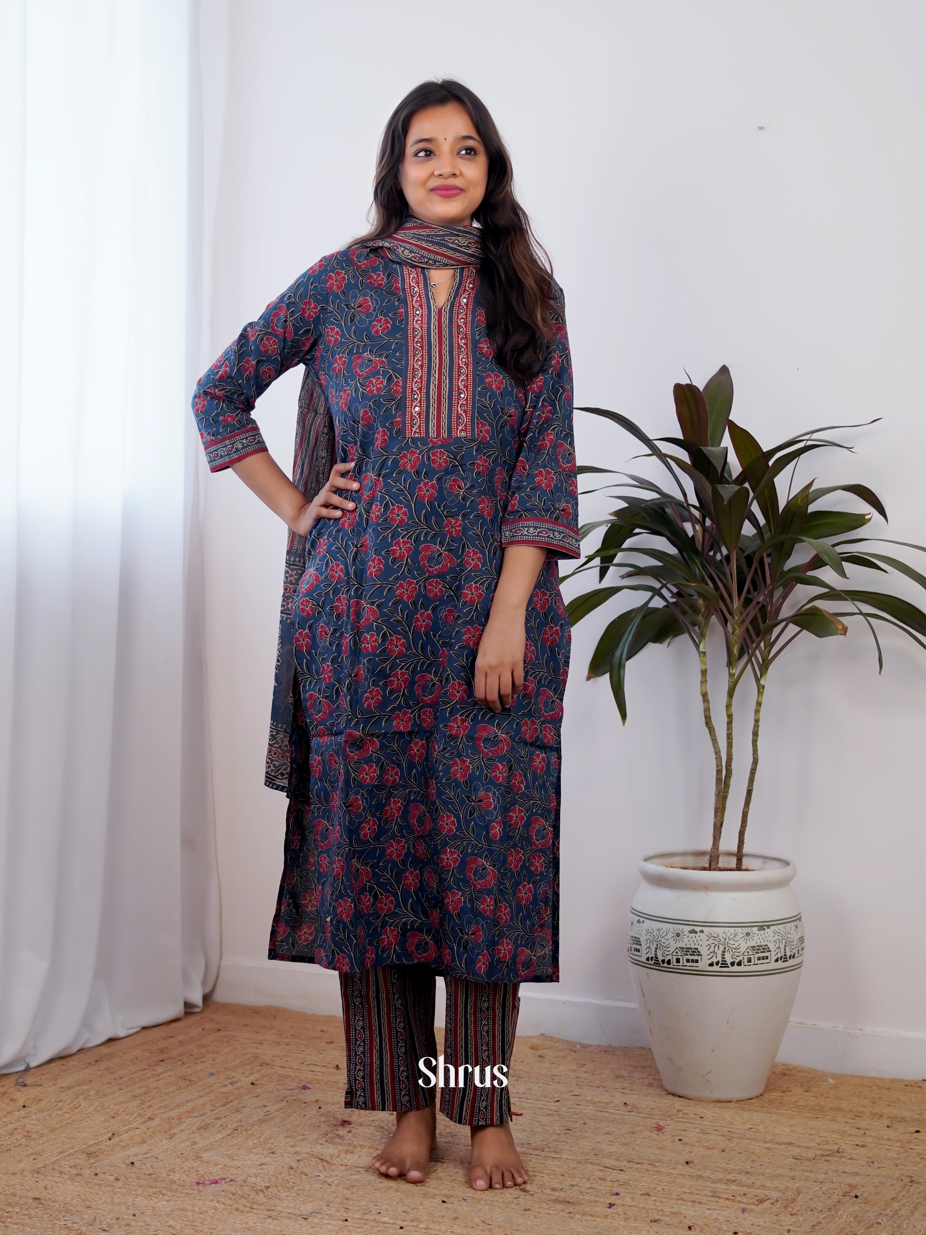 Blue - 3pc floral printed Readymade Suits