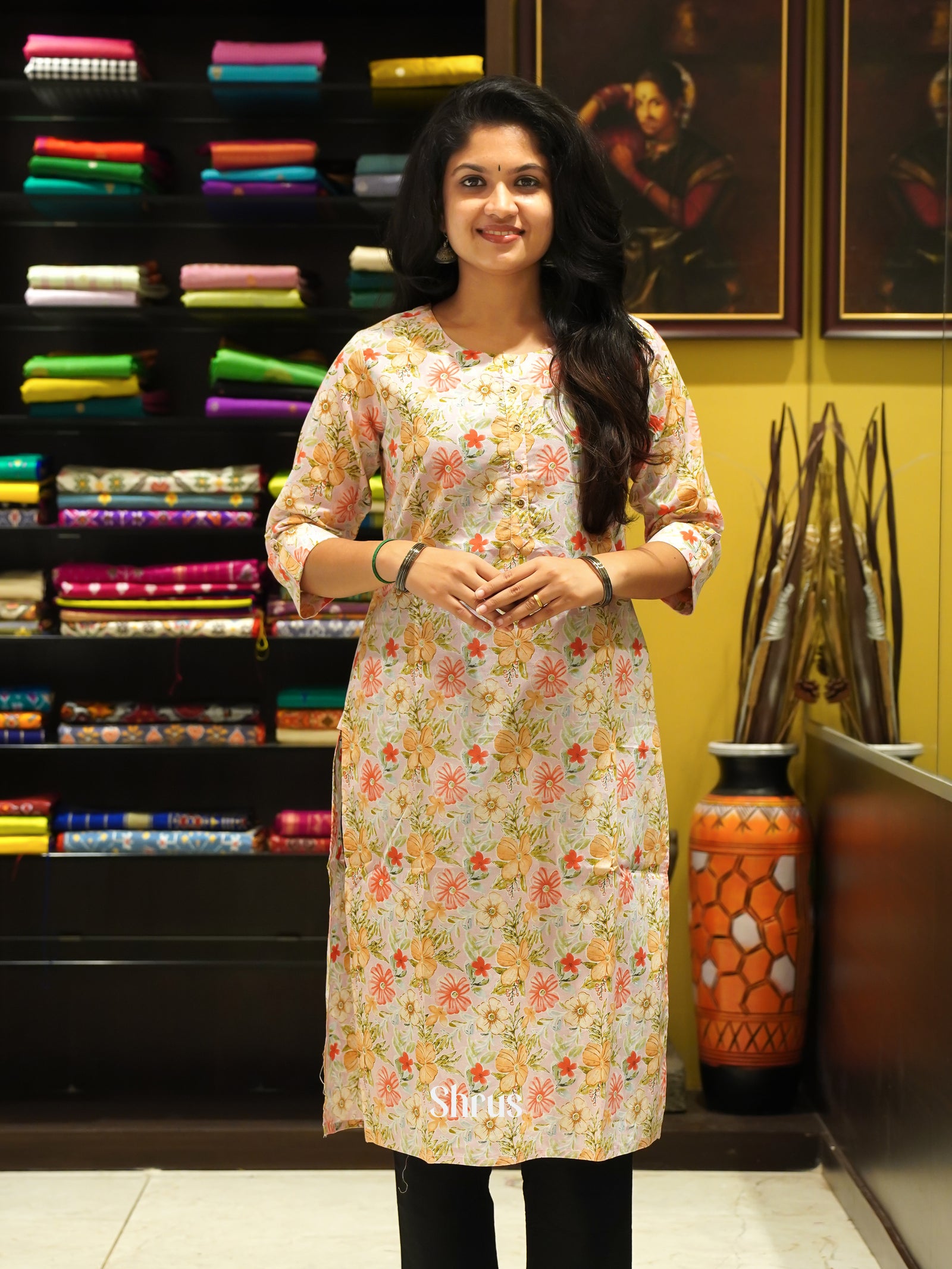 Cotton readymade kurti set elaichi green and off white with allover floral prints & embroidery work neck pattern and straight cut pant main image 0