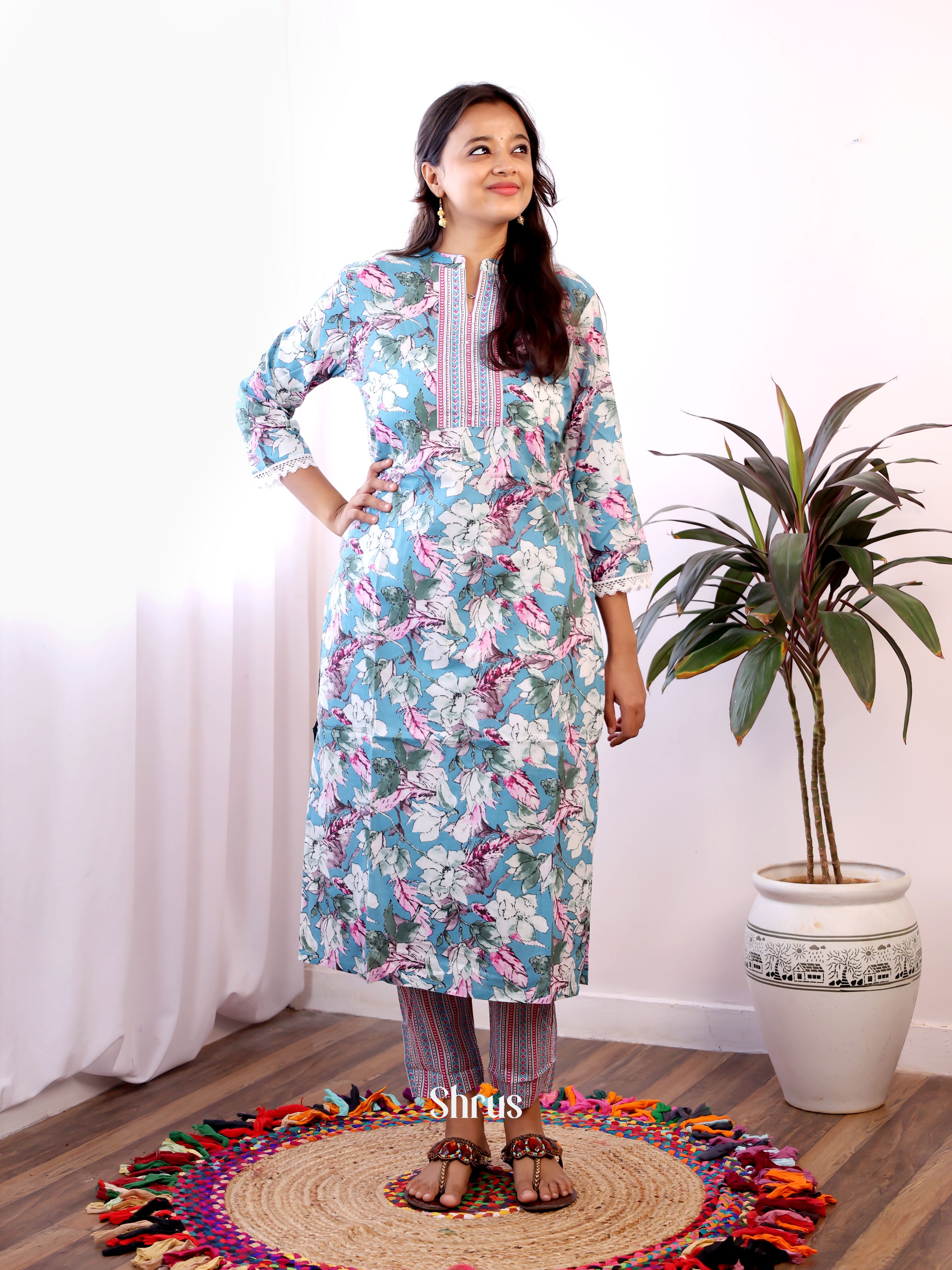 Blue - 2pc cotton bagru print Readymade Suits