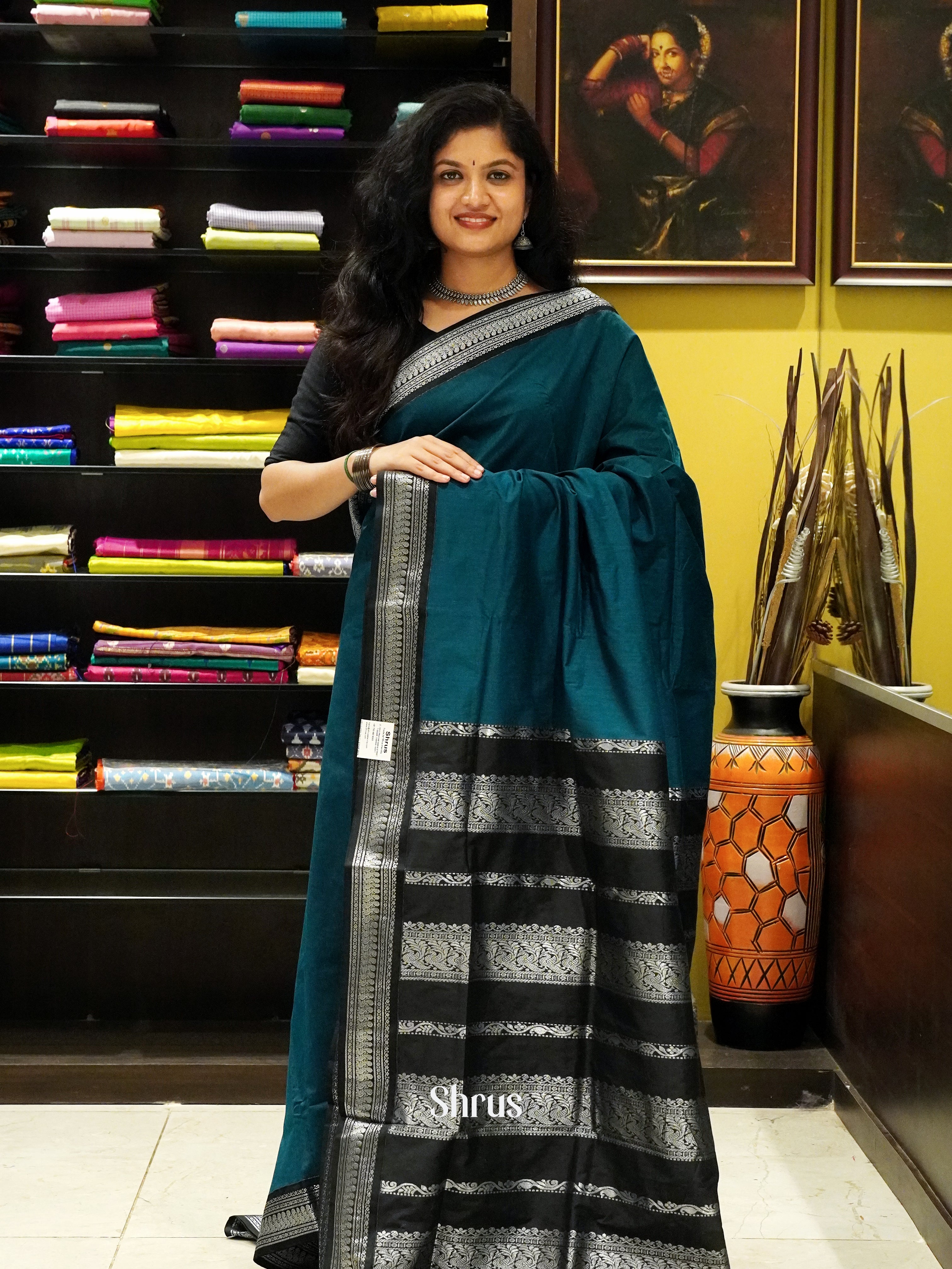 Peacock Blue & Black - Kalyani Cotton Saree