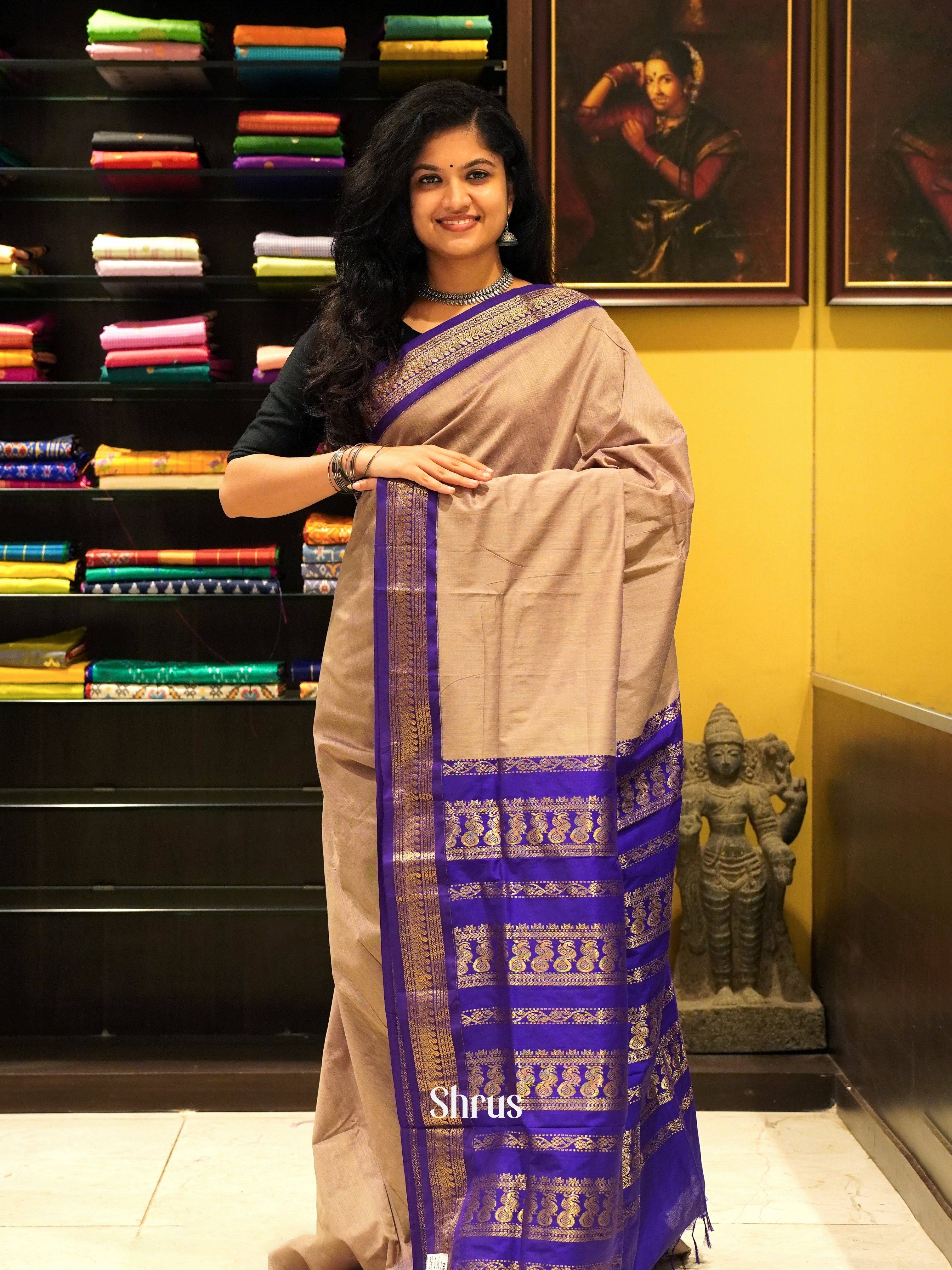 Beige  & Purple - Kalyani Cotton Saree