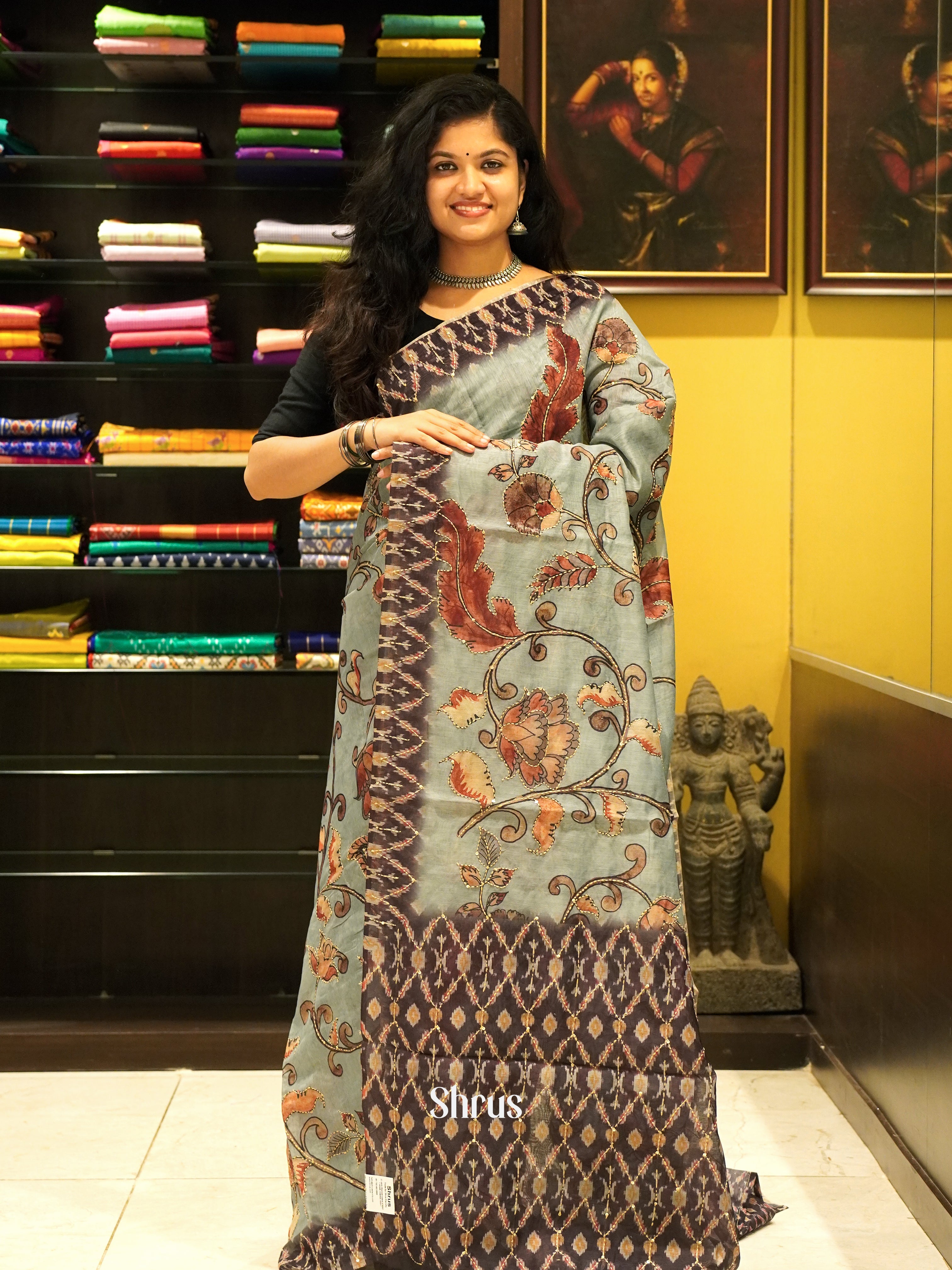 Grey & Green - Semi Kantha Saree