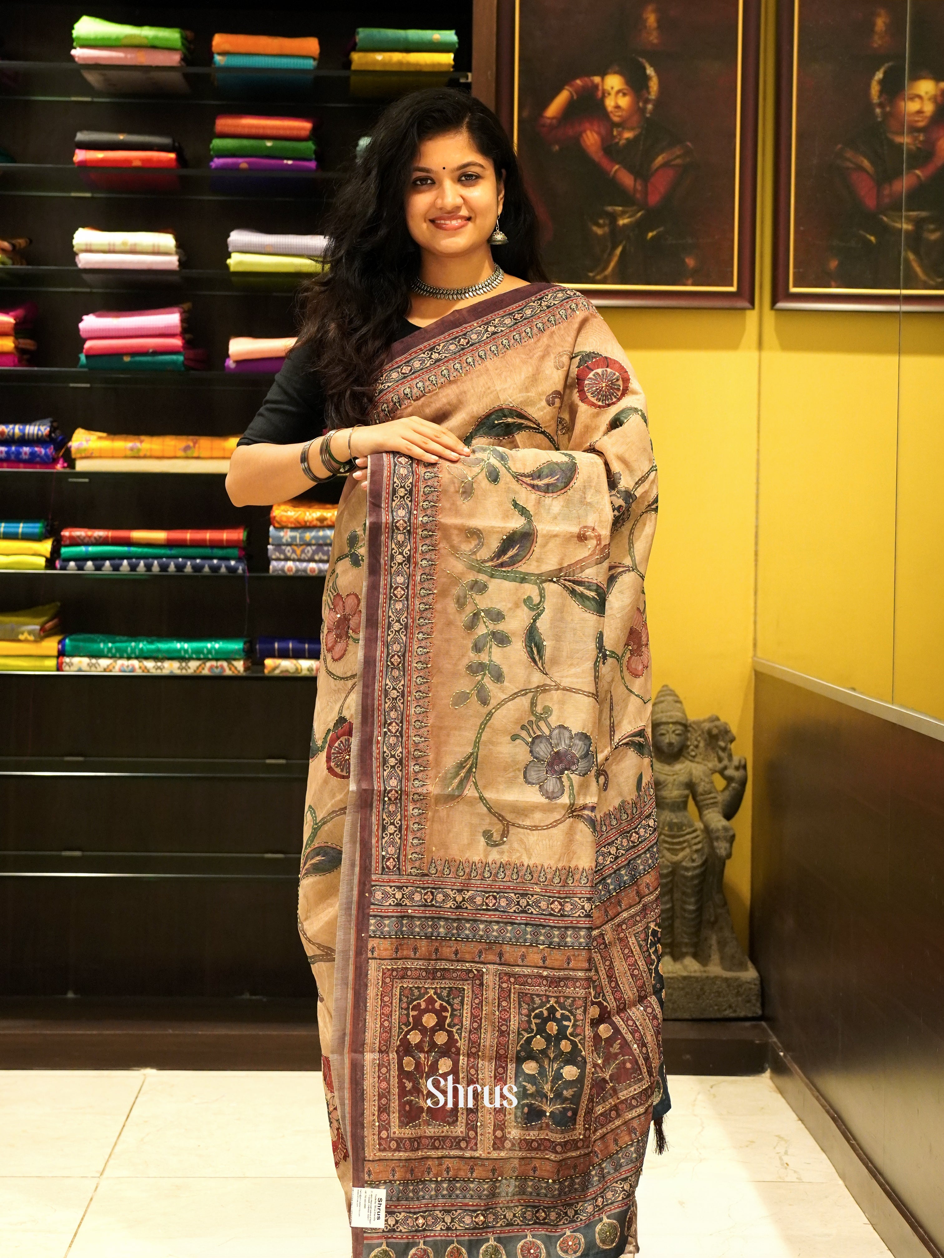 Orange & Brown - Semi Kantha Saree