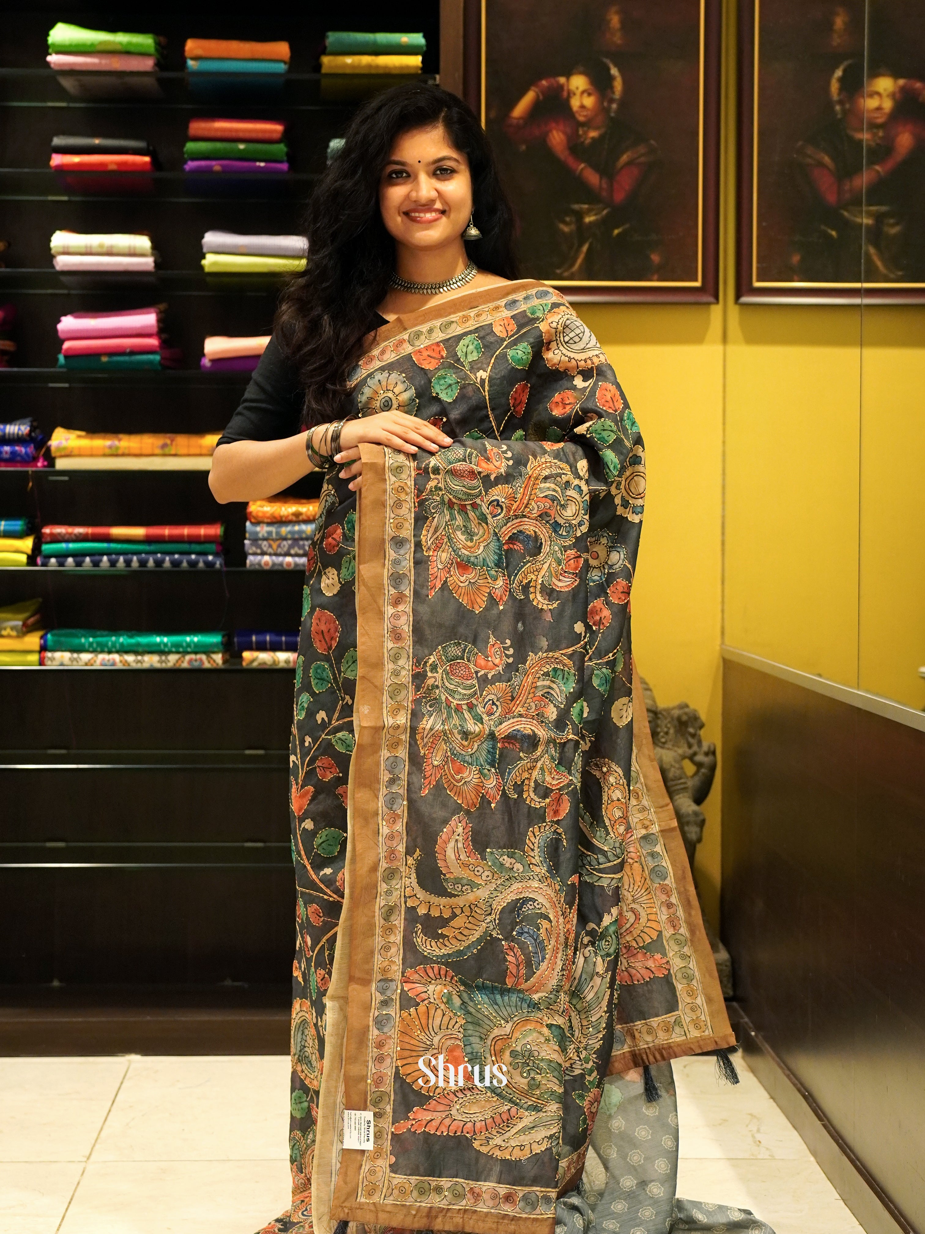 Bottle Green & Brown - Semi Kantha Saree