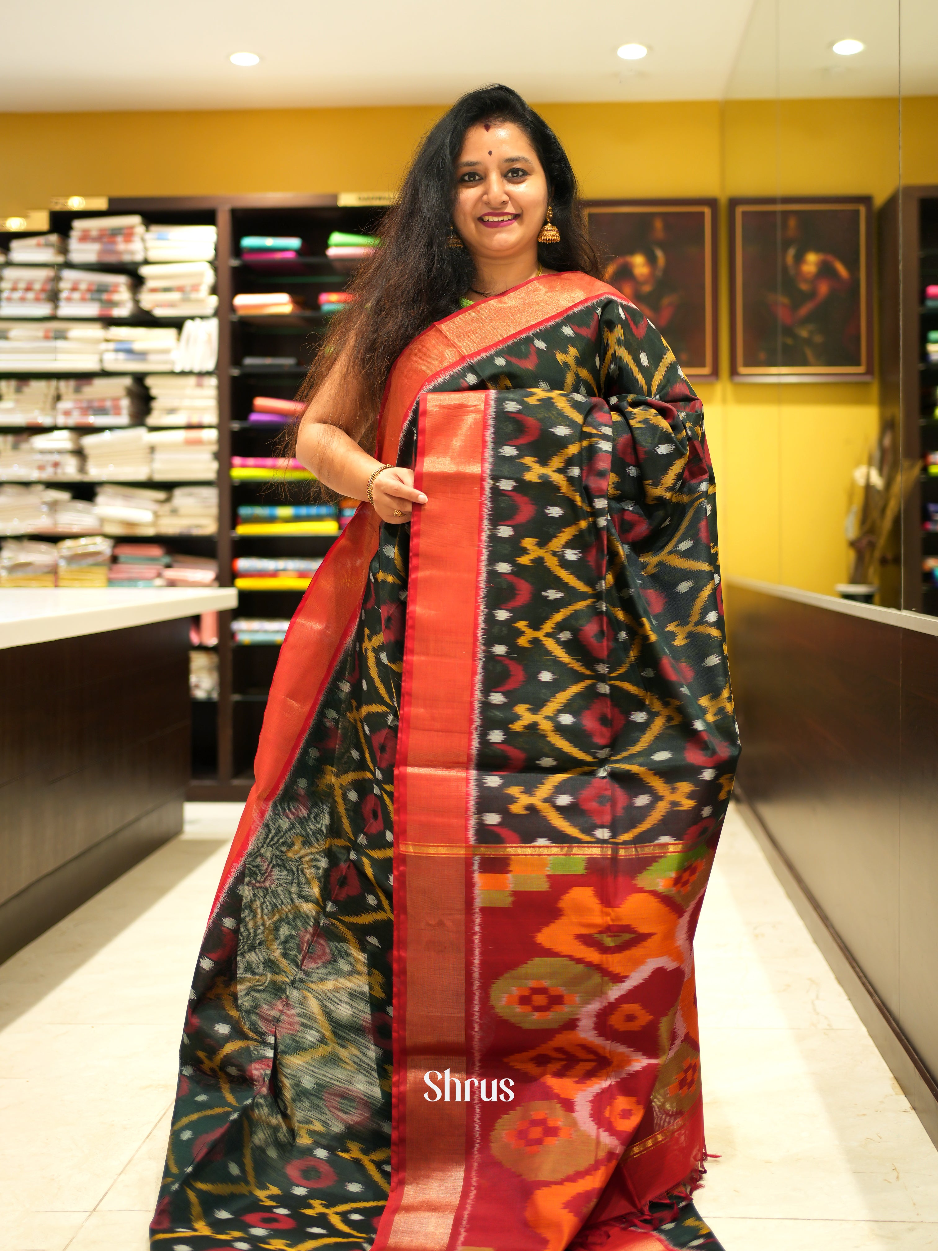 Dark Green & Red - Pochampally sico Saree