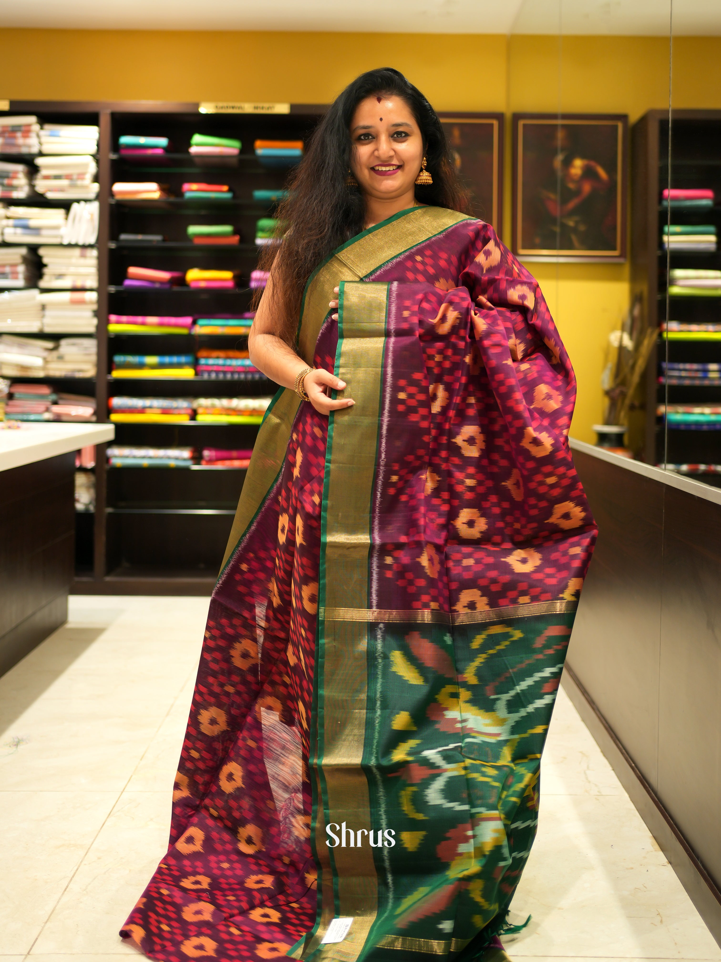 Wine & Green - Pochampally sico Saree