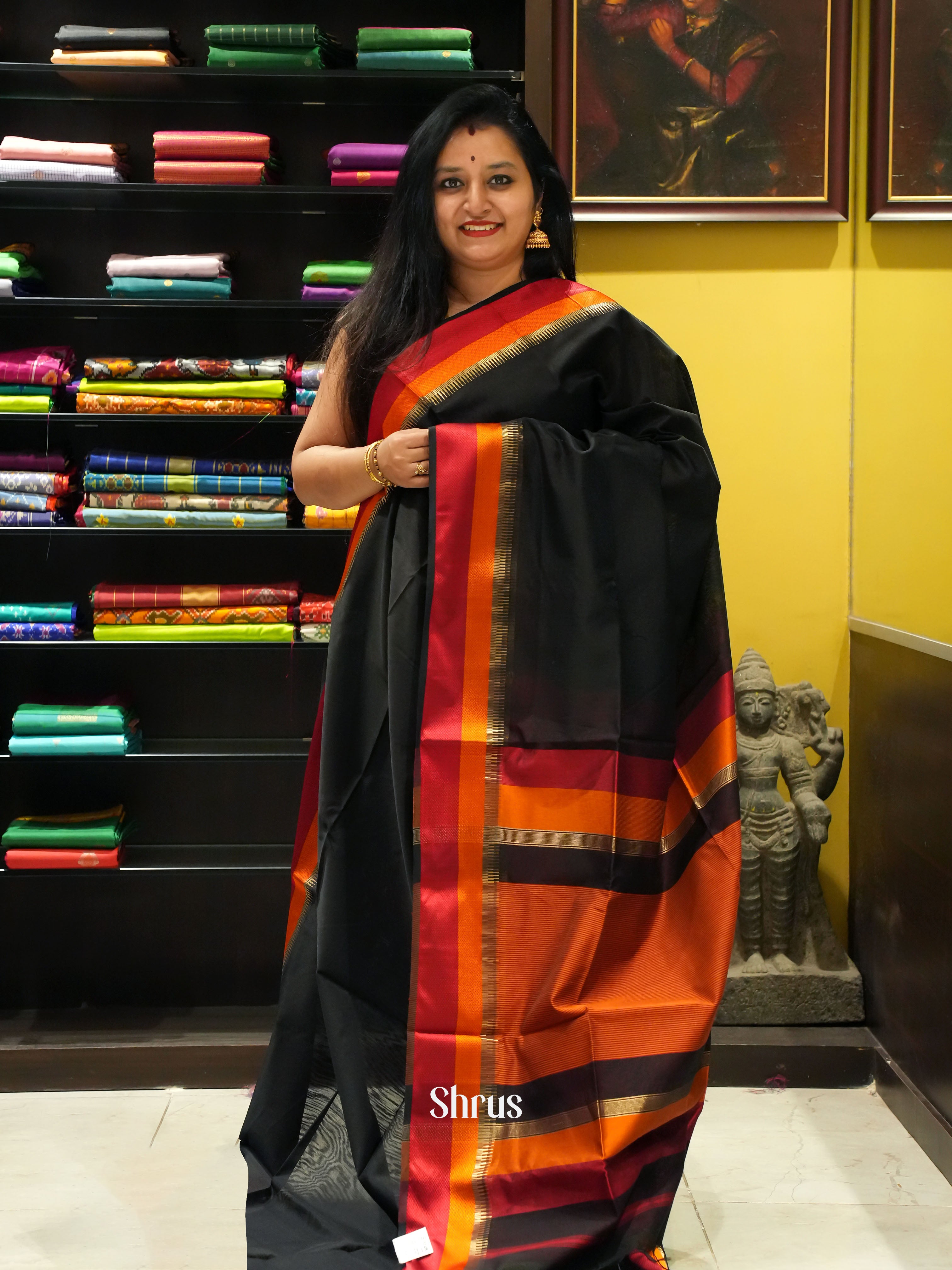 black & Maroon - Maheshwari silkcotton Saree