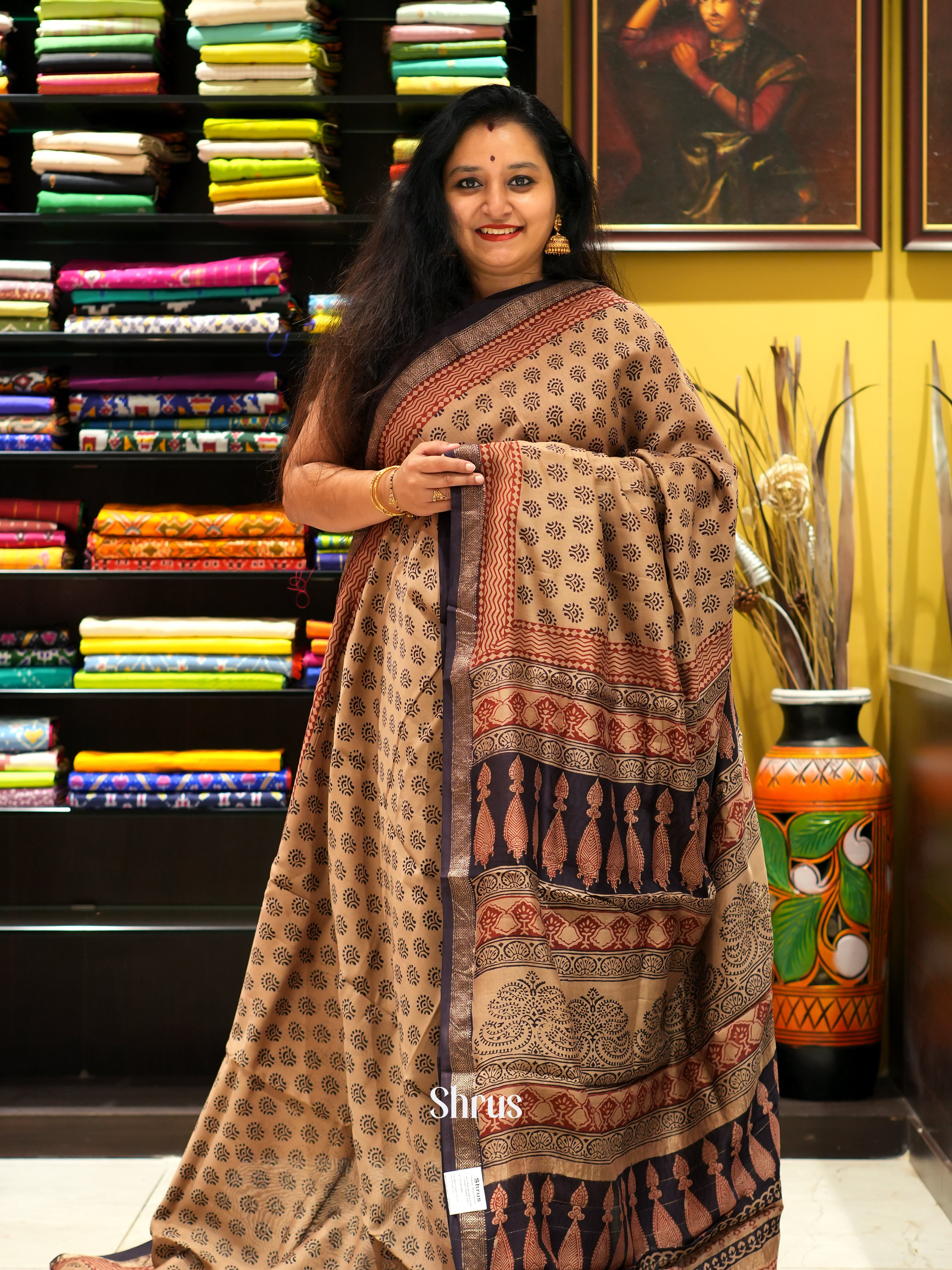 Beige & Black  - Maheswari sico Saree