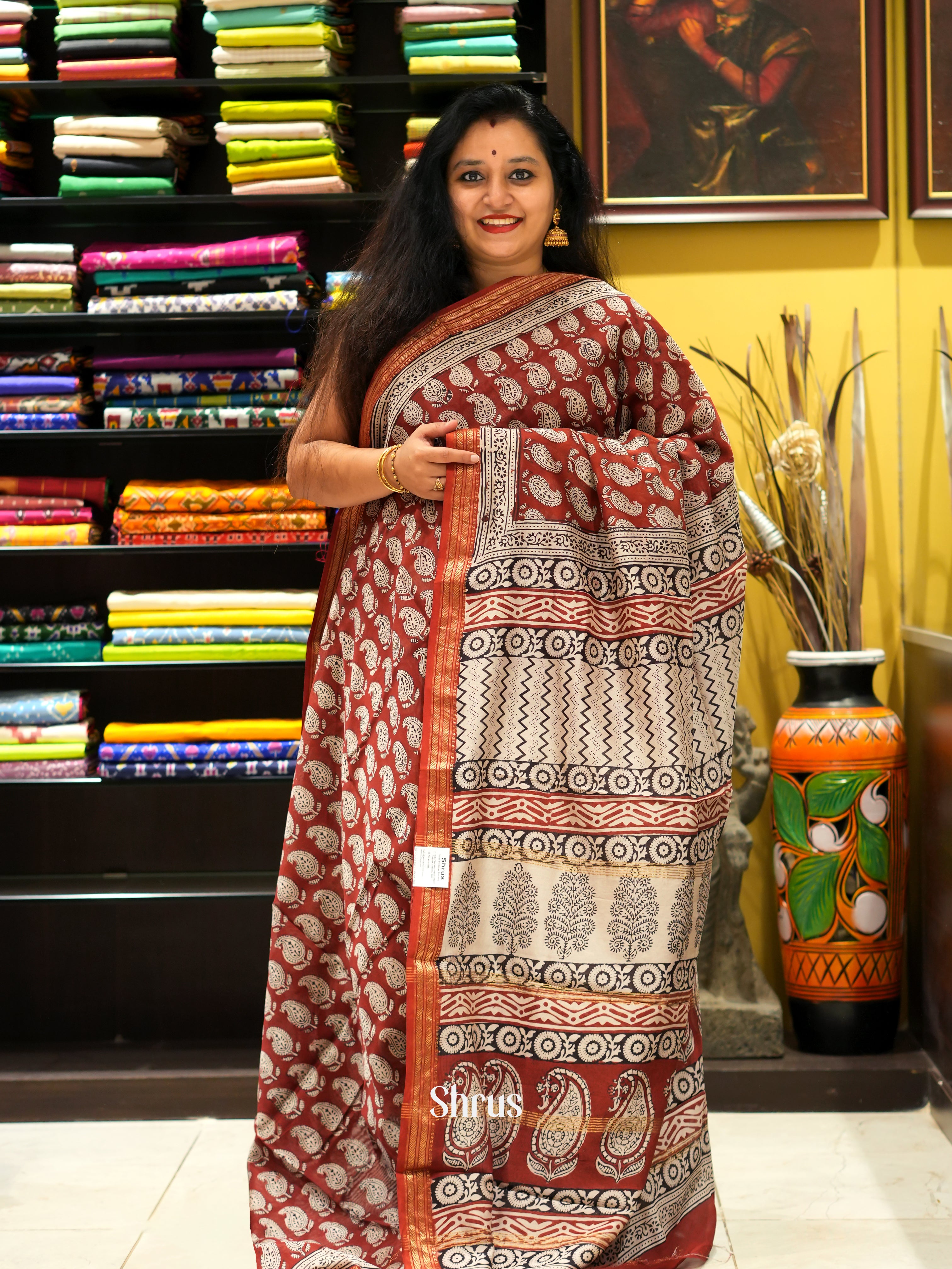 Maroon  & Cream - Maheswari sico Saree