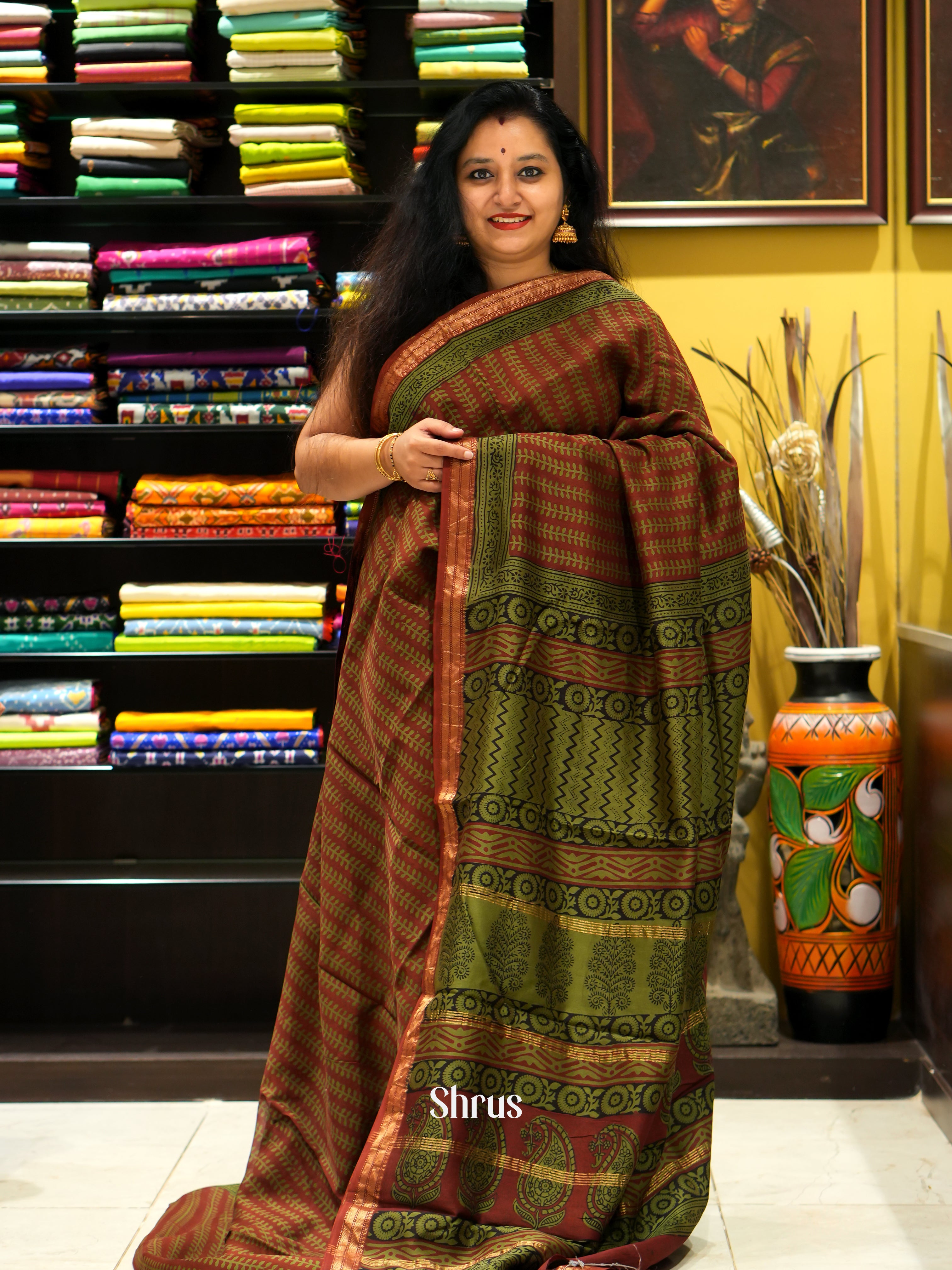 Maroon  & Green - Maheswari sico Saree