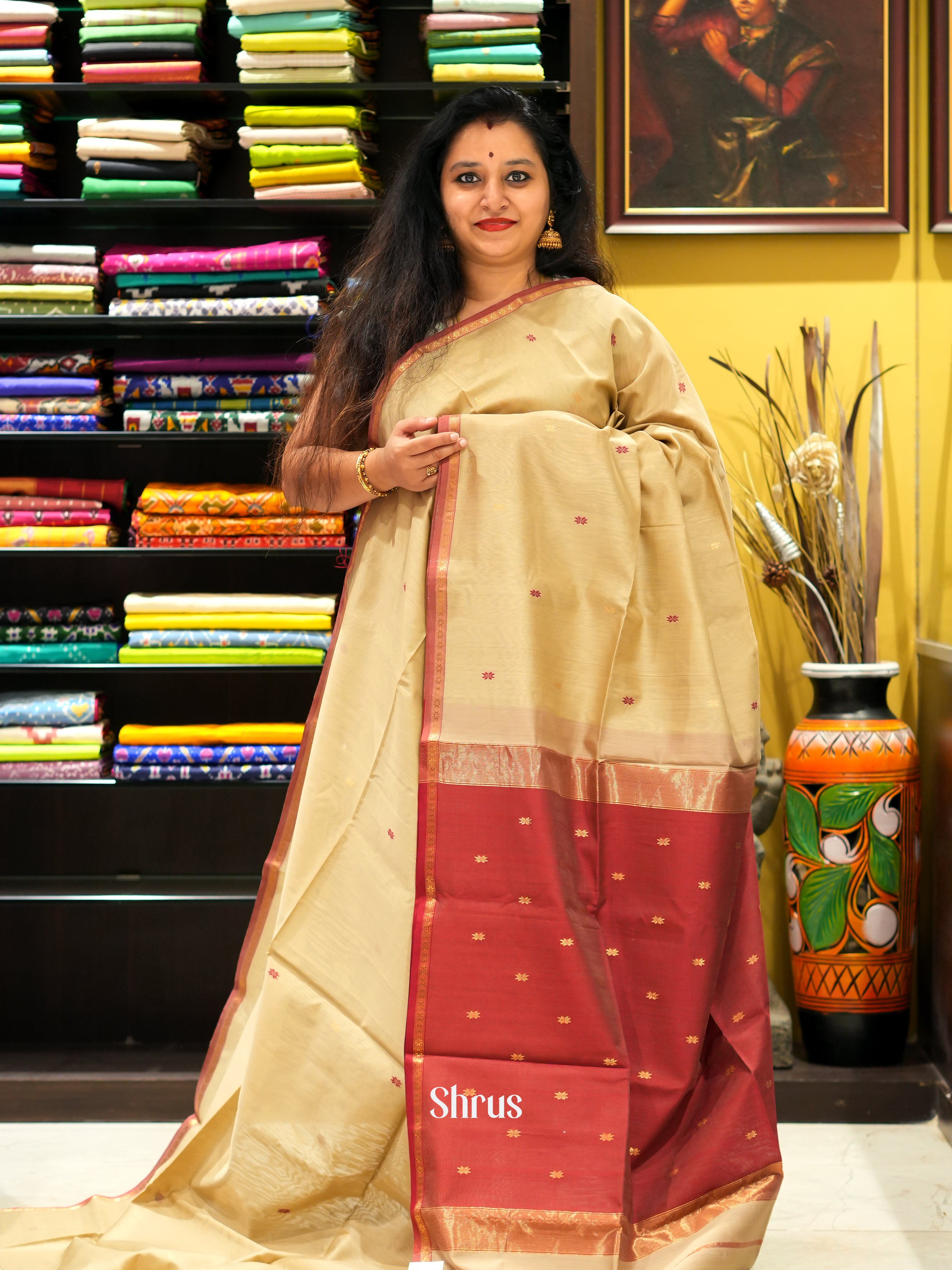 Beige & Red - Maheswari sico Saree