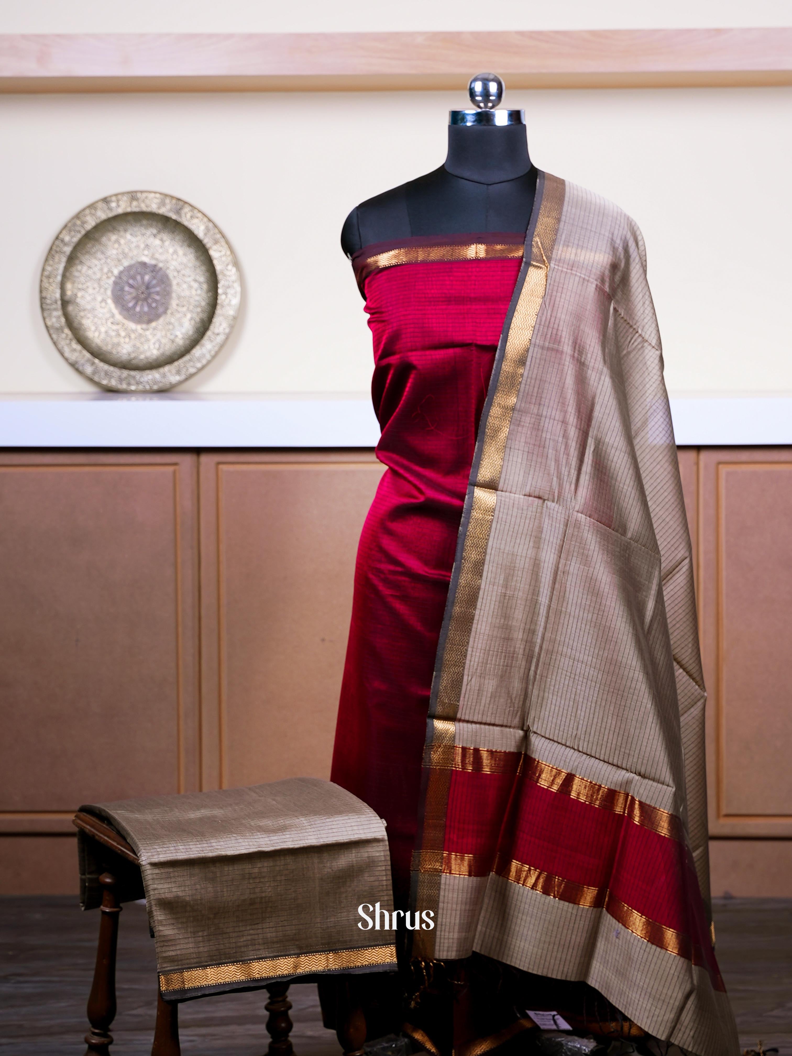 Deep Maroon & Olive Grey - Maheshwari silkcotton salwar