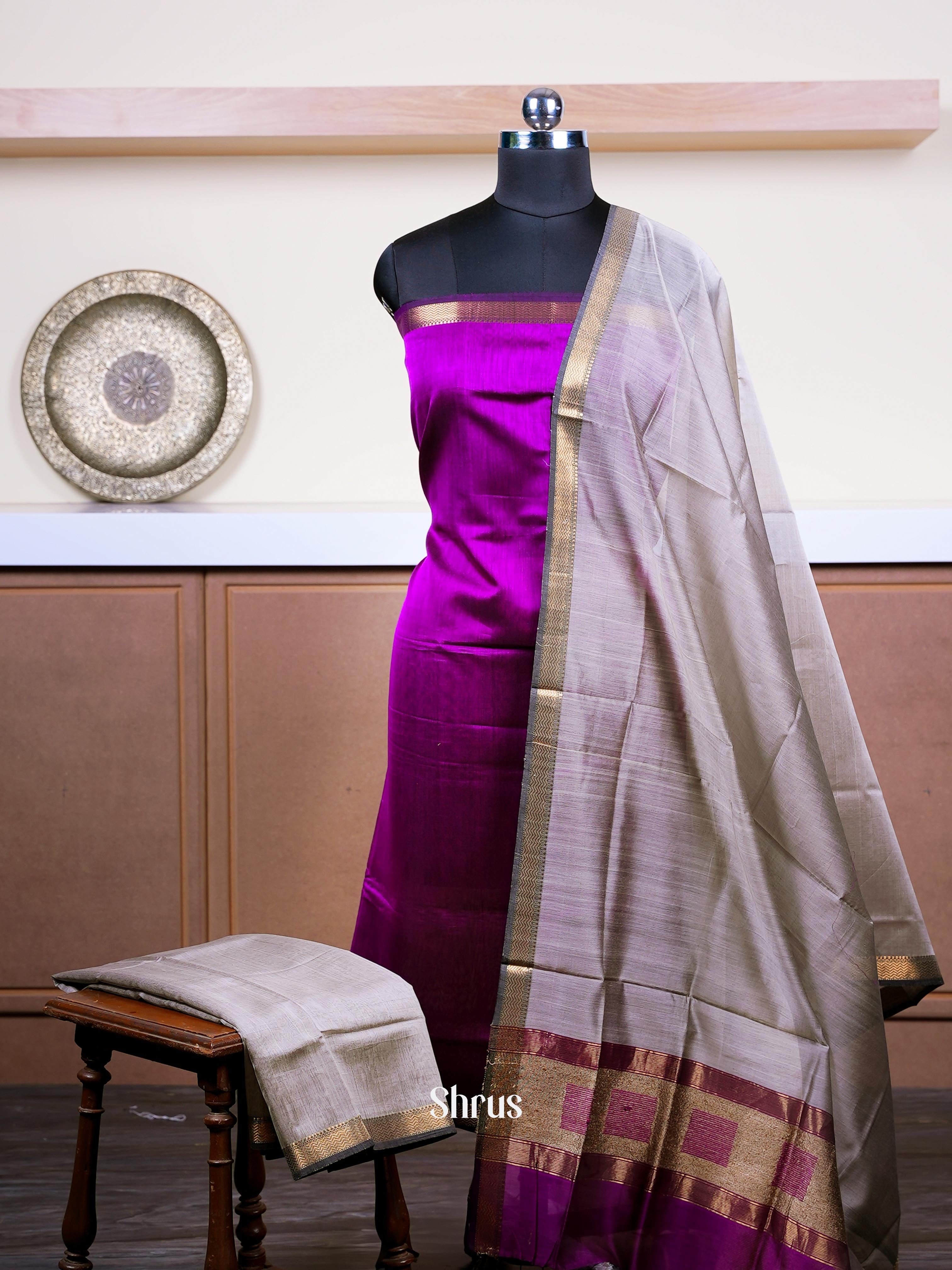 Grey & Dark Purple  - Maheshwari silkcotton salwar