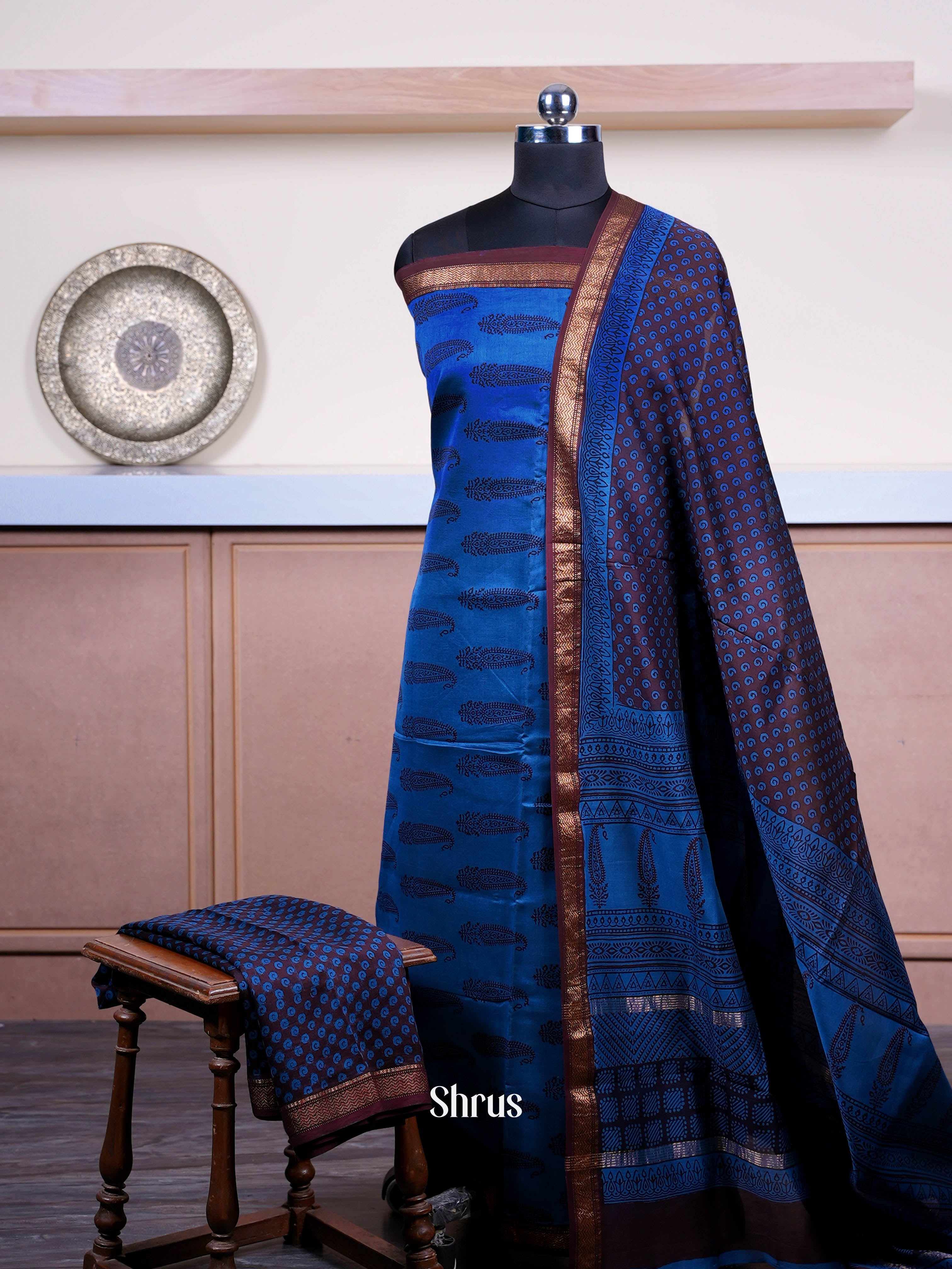 Blue & Brown  - Maheshwari silkcotton salwar