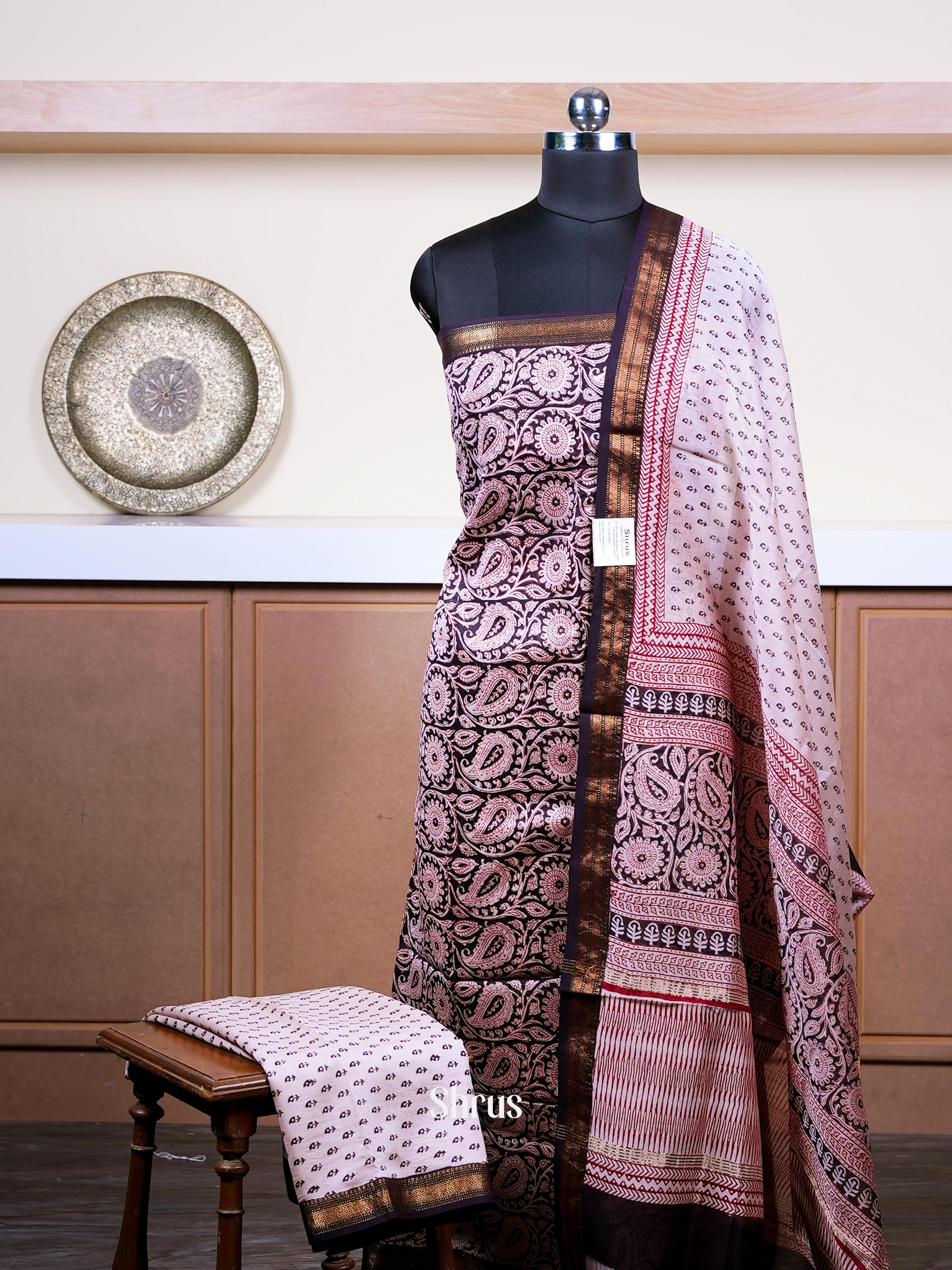 Light Peachy Pink & Black  - Maheshwari silkcotton salwar