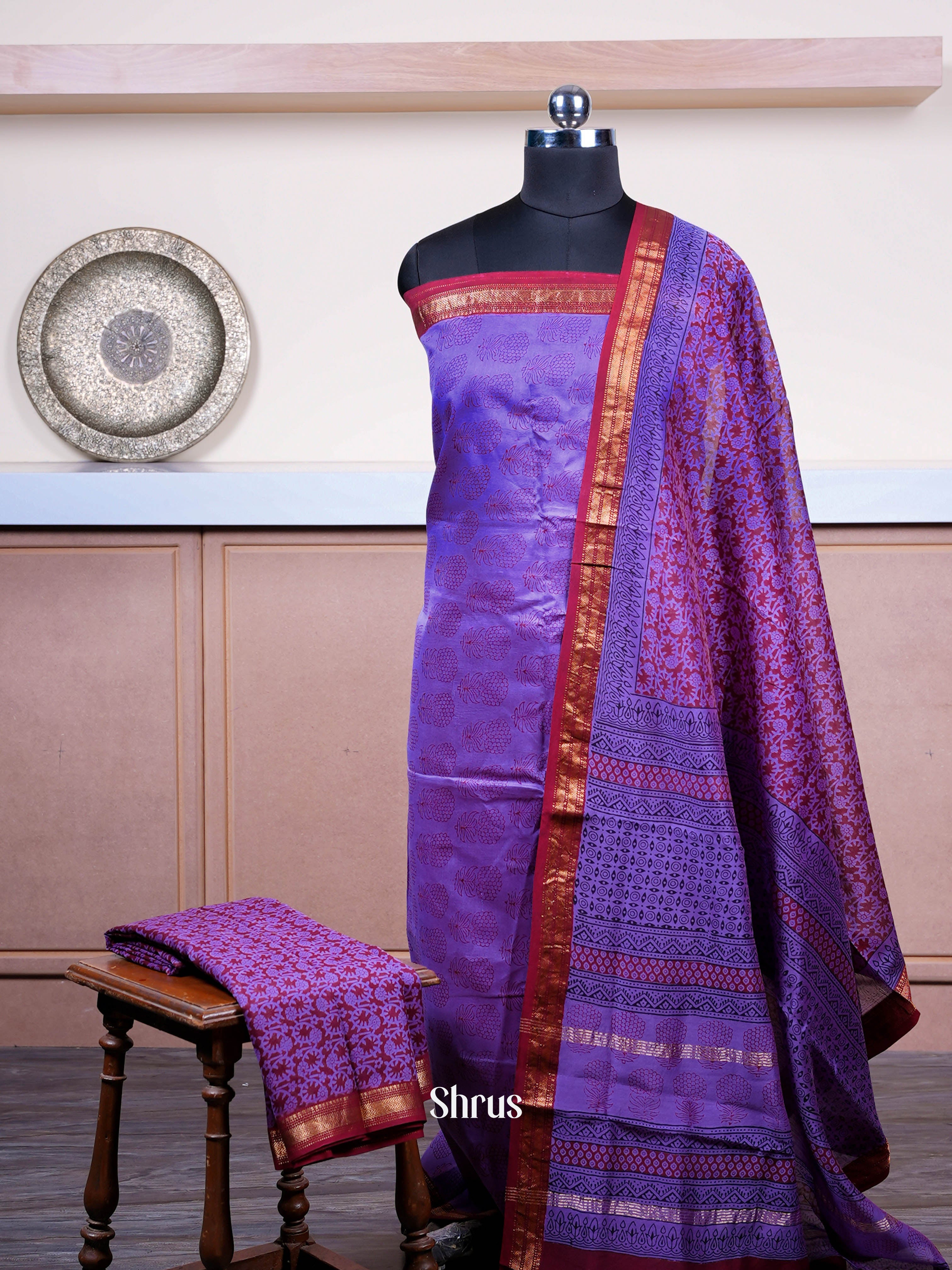 Purple & Maroon - Maheshwari silkcotton salwar