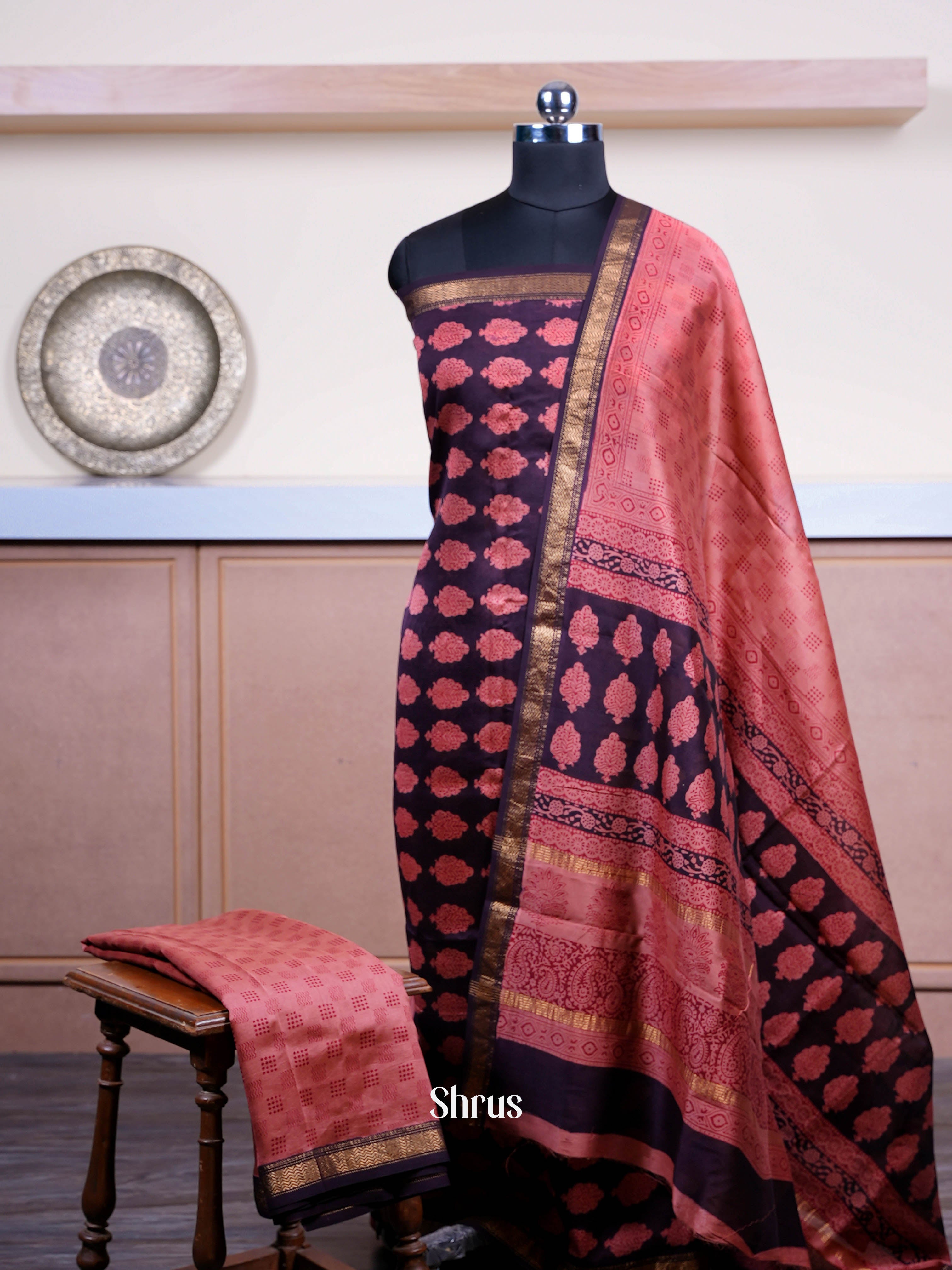 Brick & black - Maheshwari silkcotton salwar