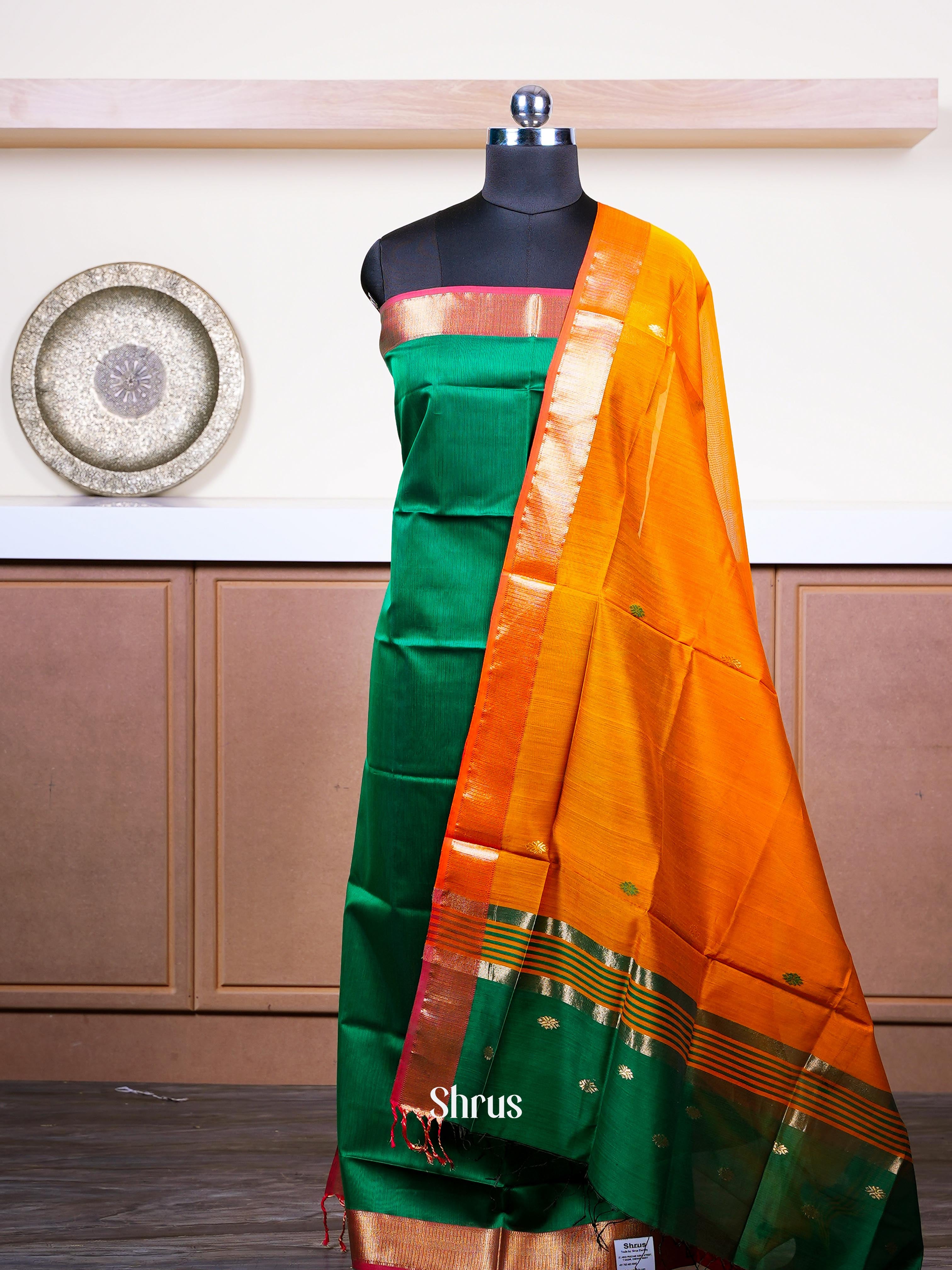 Green & Golden Orange  - maheswarisico top & dupatta combo