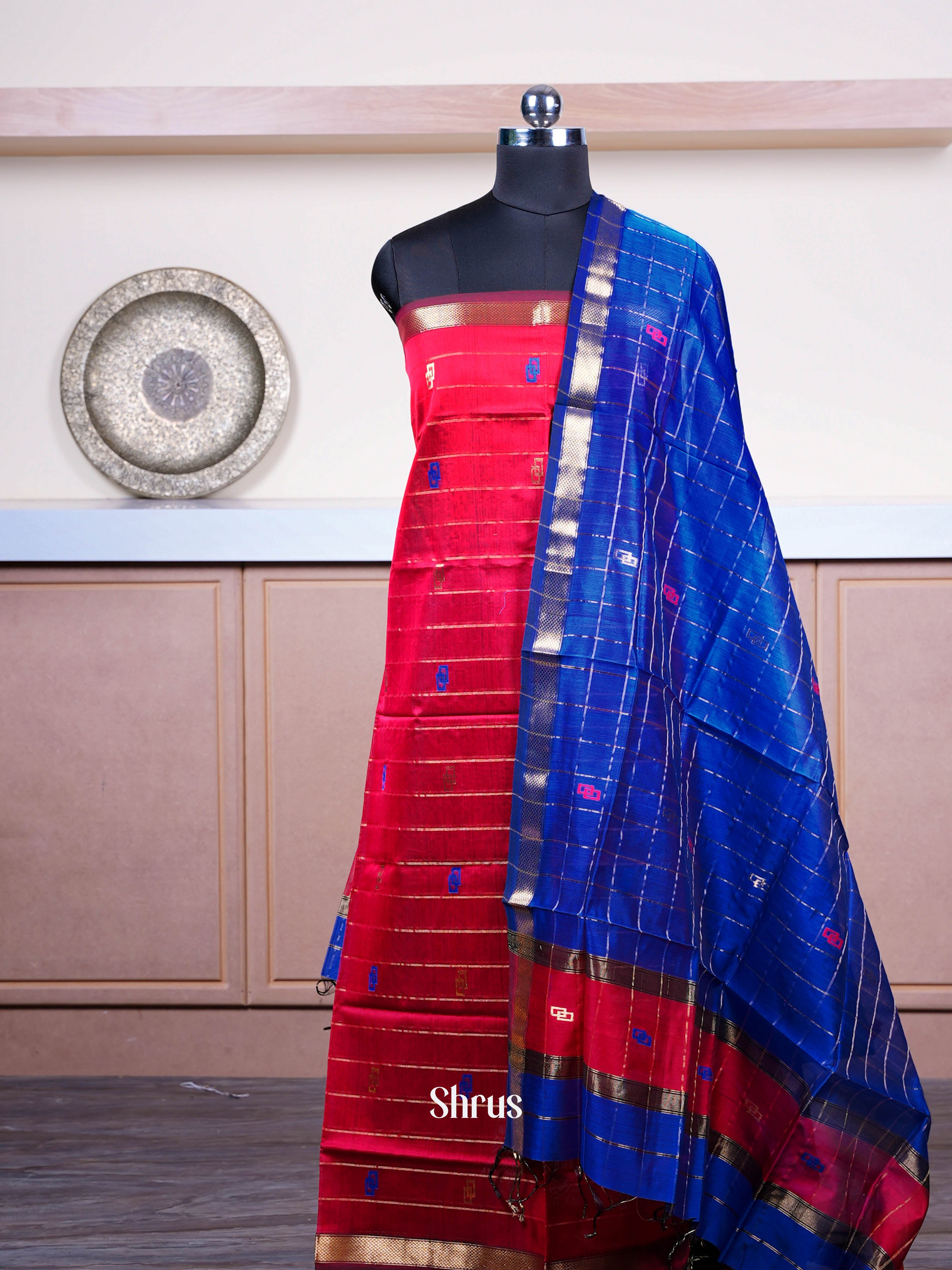 Red & Blue  - maheswarisico top & dupatta combo