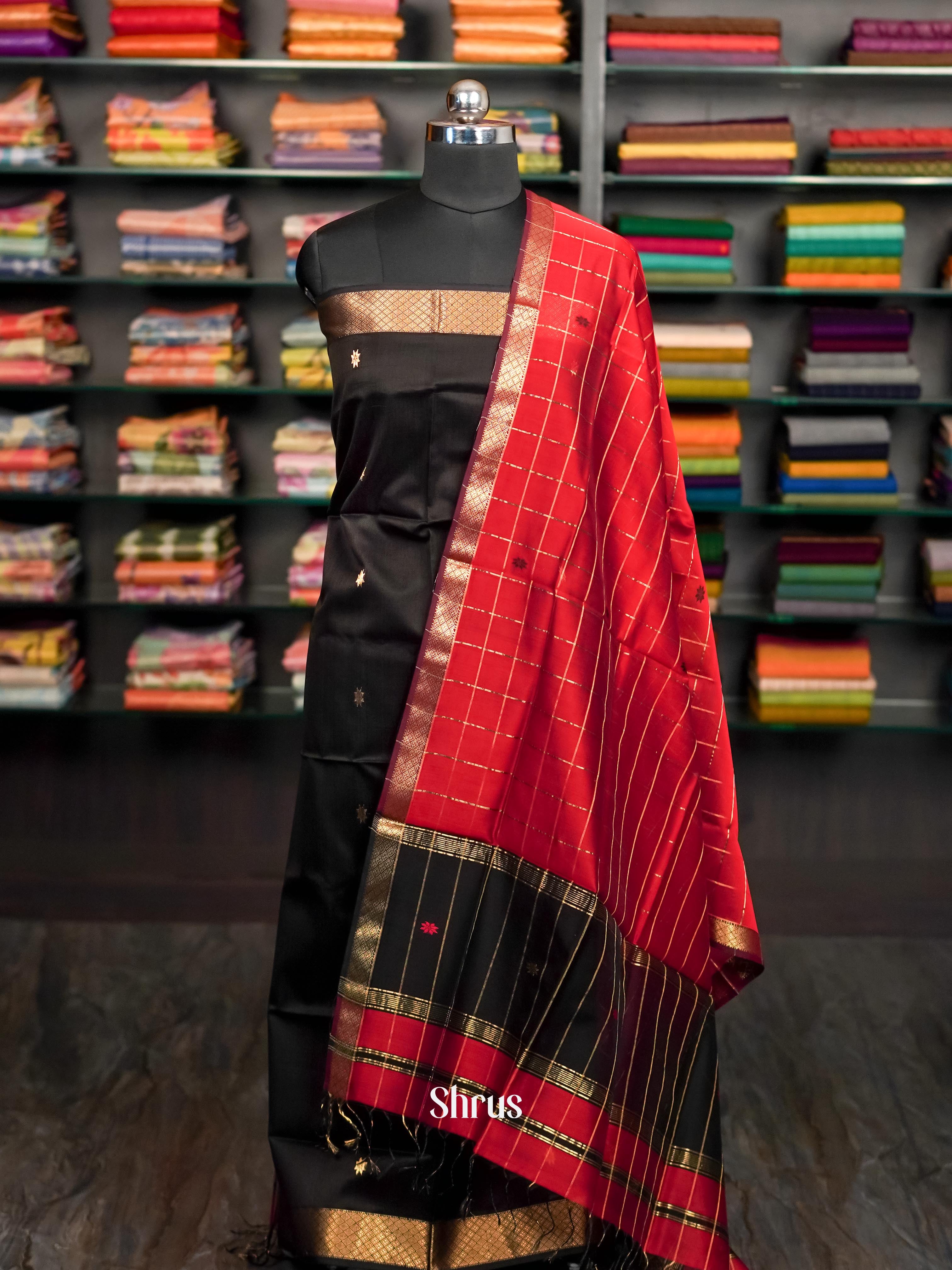 Black & Red  - maheswarisico top & dupatta combo