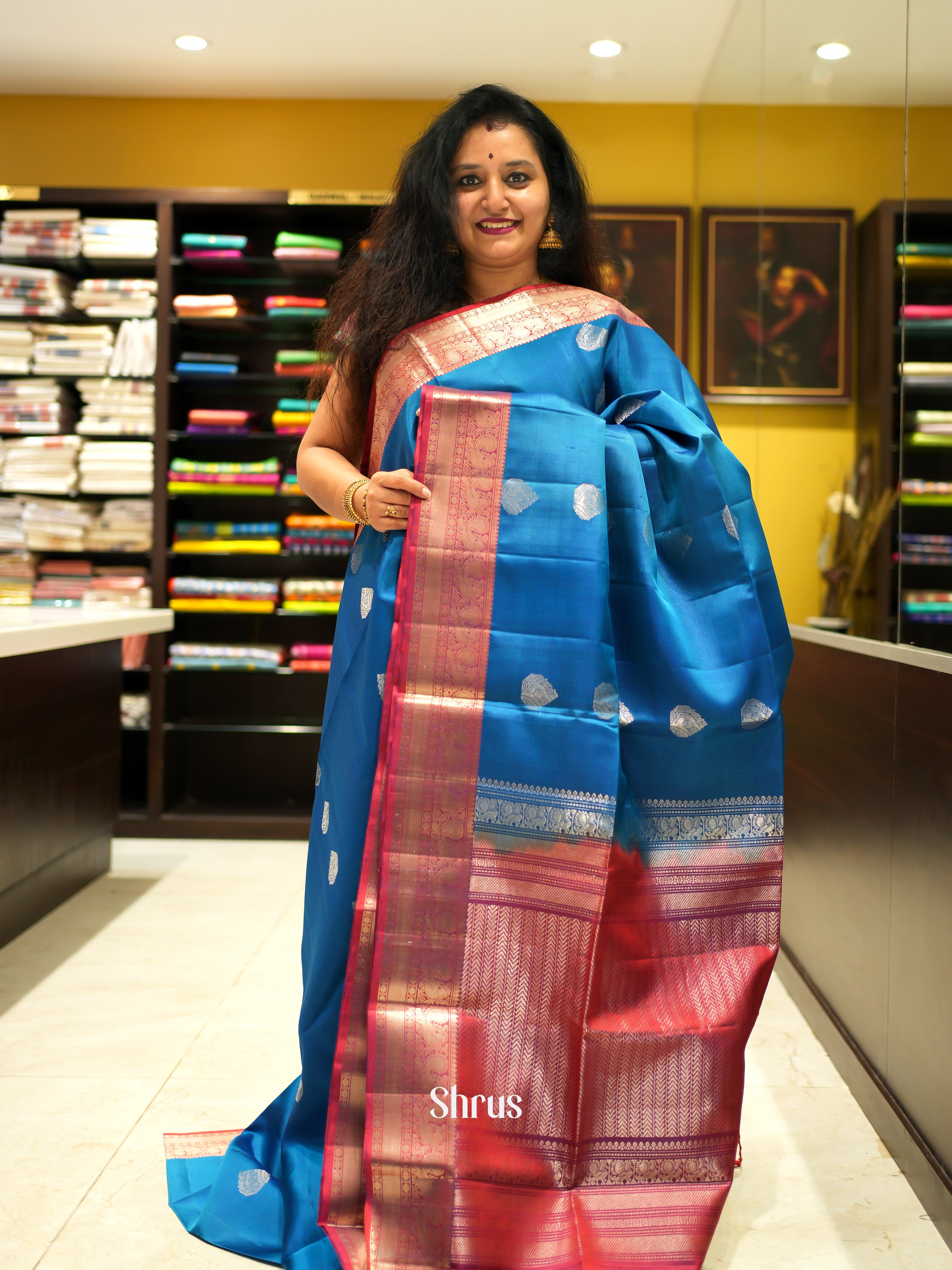 Blue & Red - Soft Silk Saree