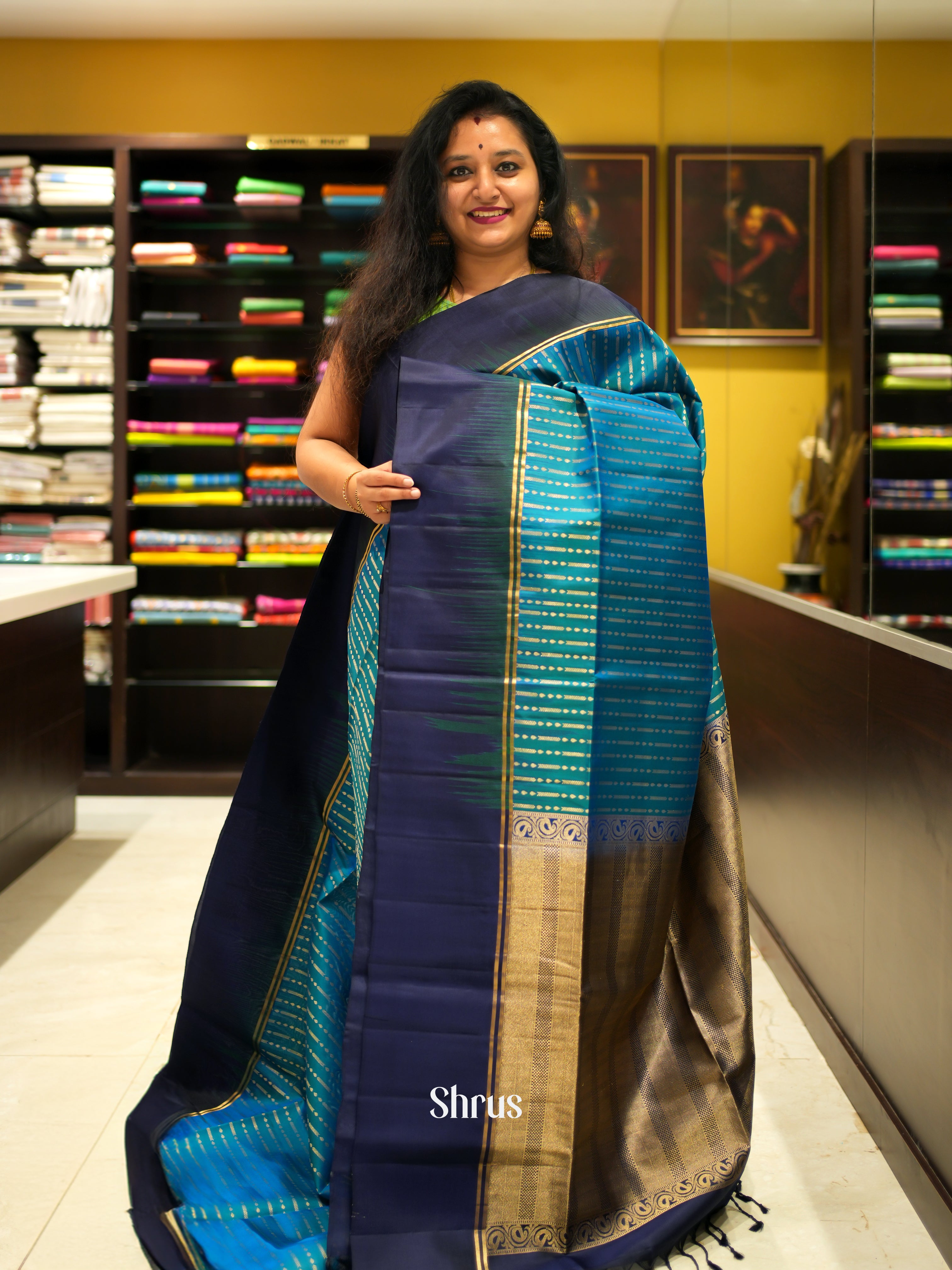 Teal & Navy Blue - Soft Silk Saree