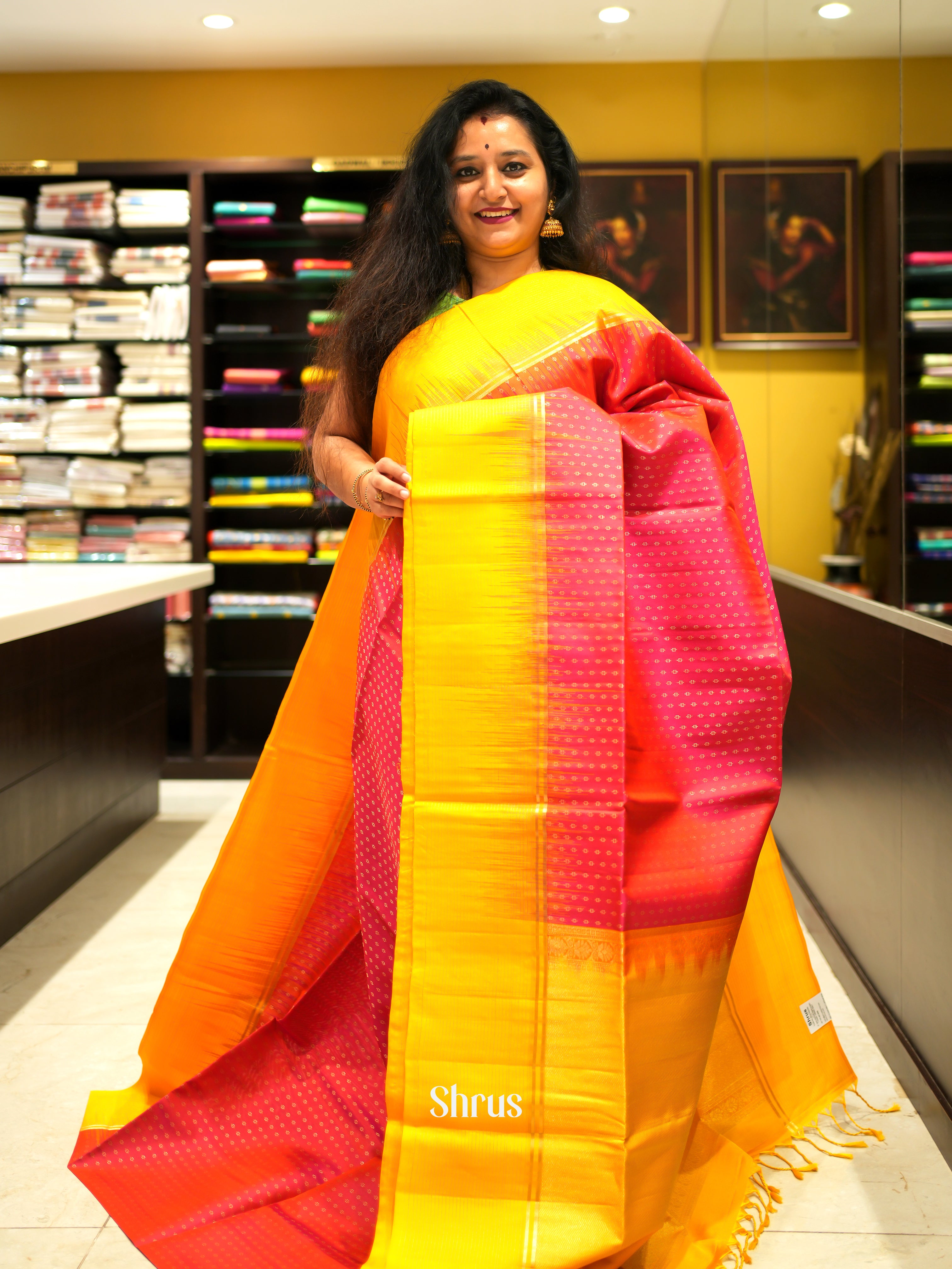 Orangish Pink & Yellow - Soft Silk Saree