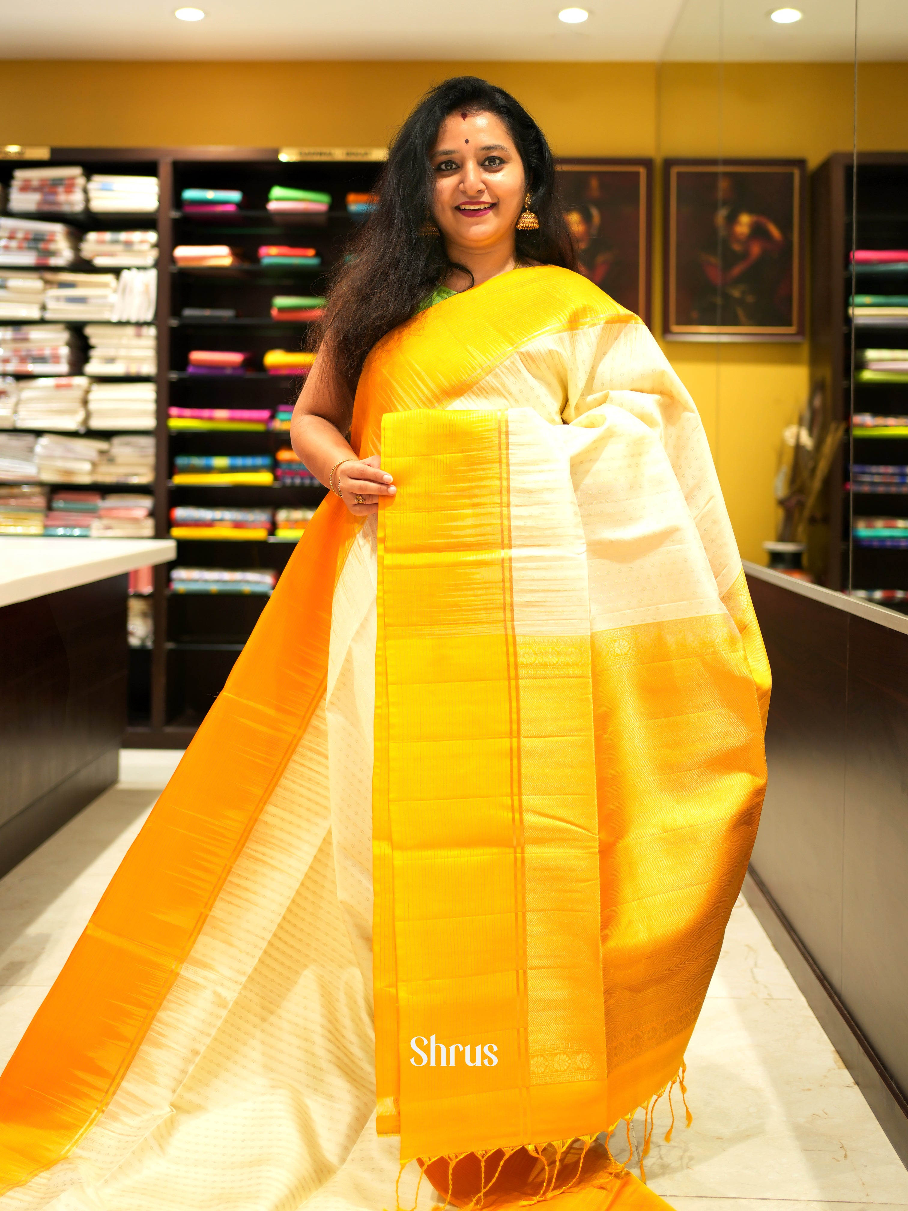 Cream & Yellow - Soft Silk Saree