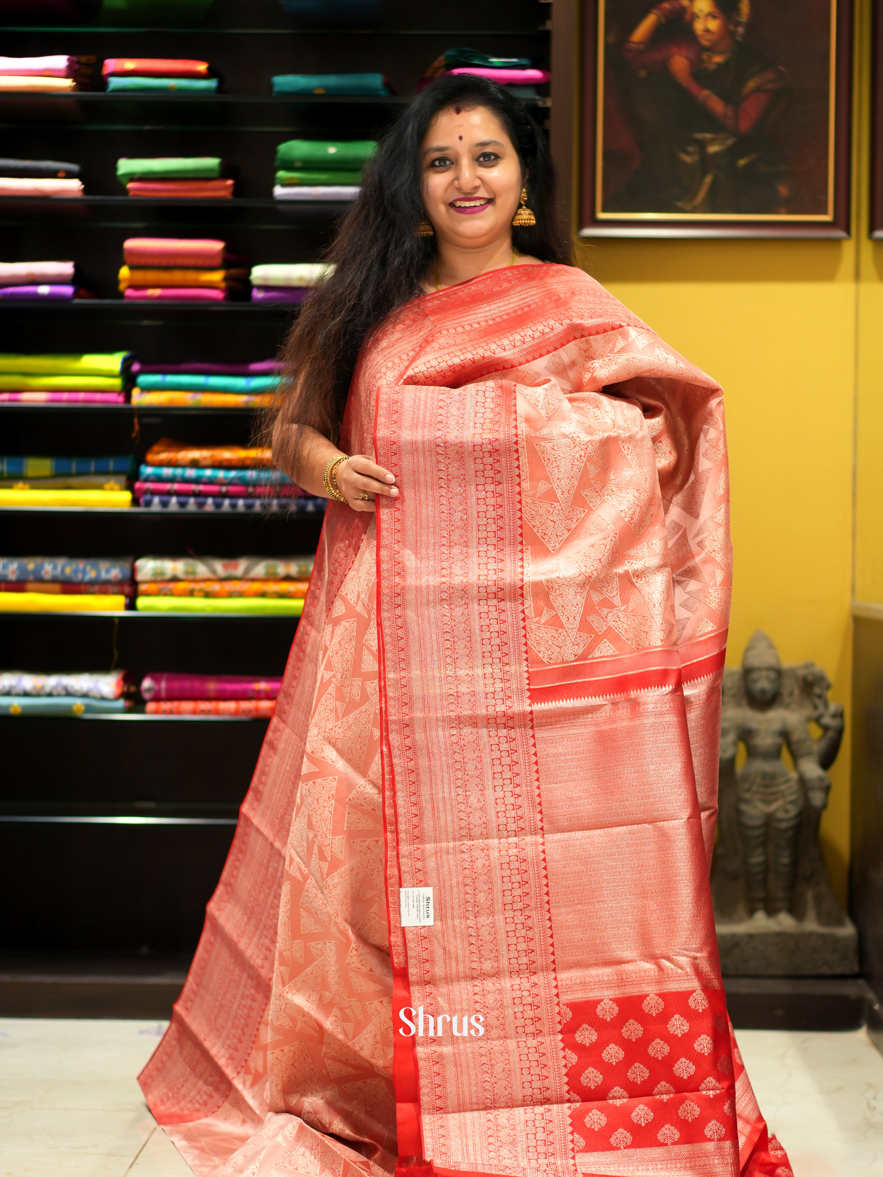Peachish Pink & Red - Kanchipuram silk Saree