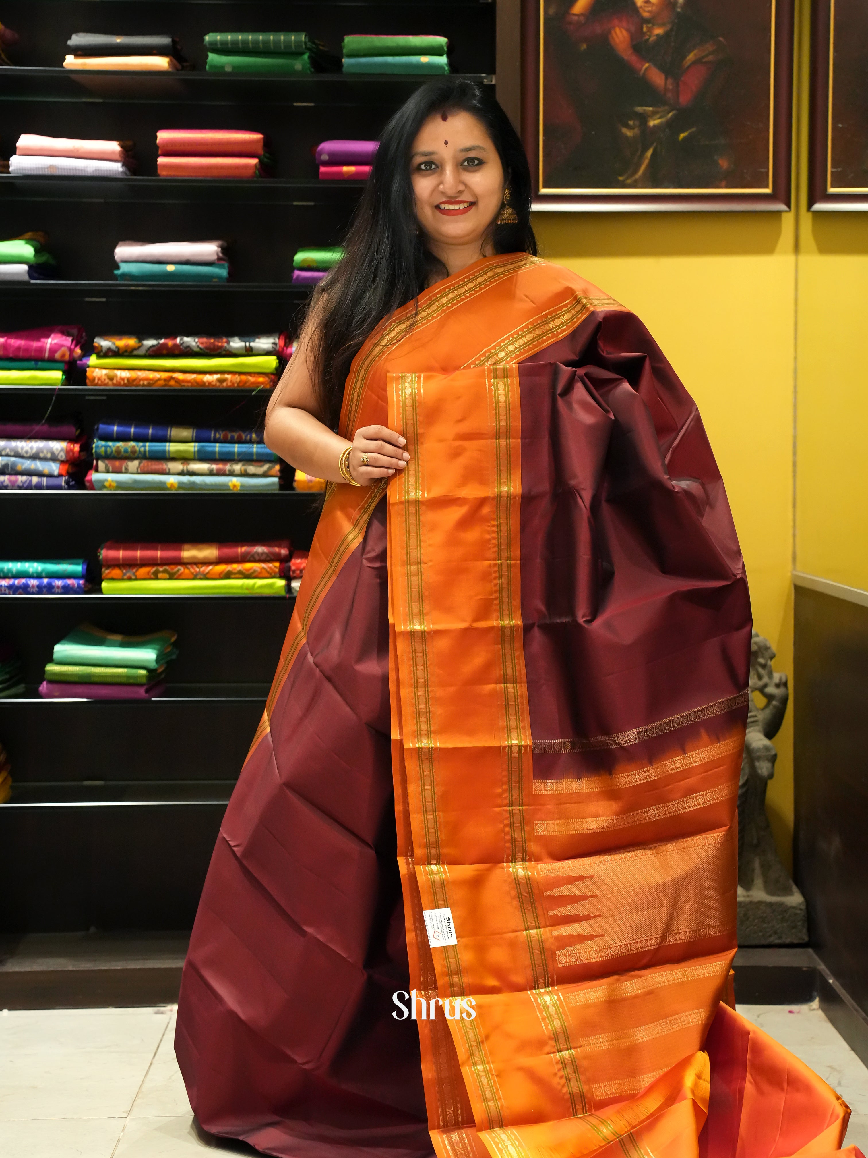 Maroon & Orange - Kanchipuram silk Saree