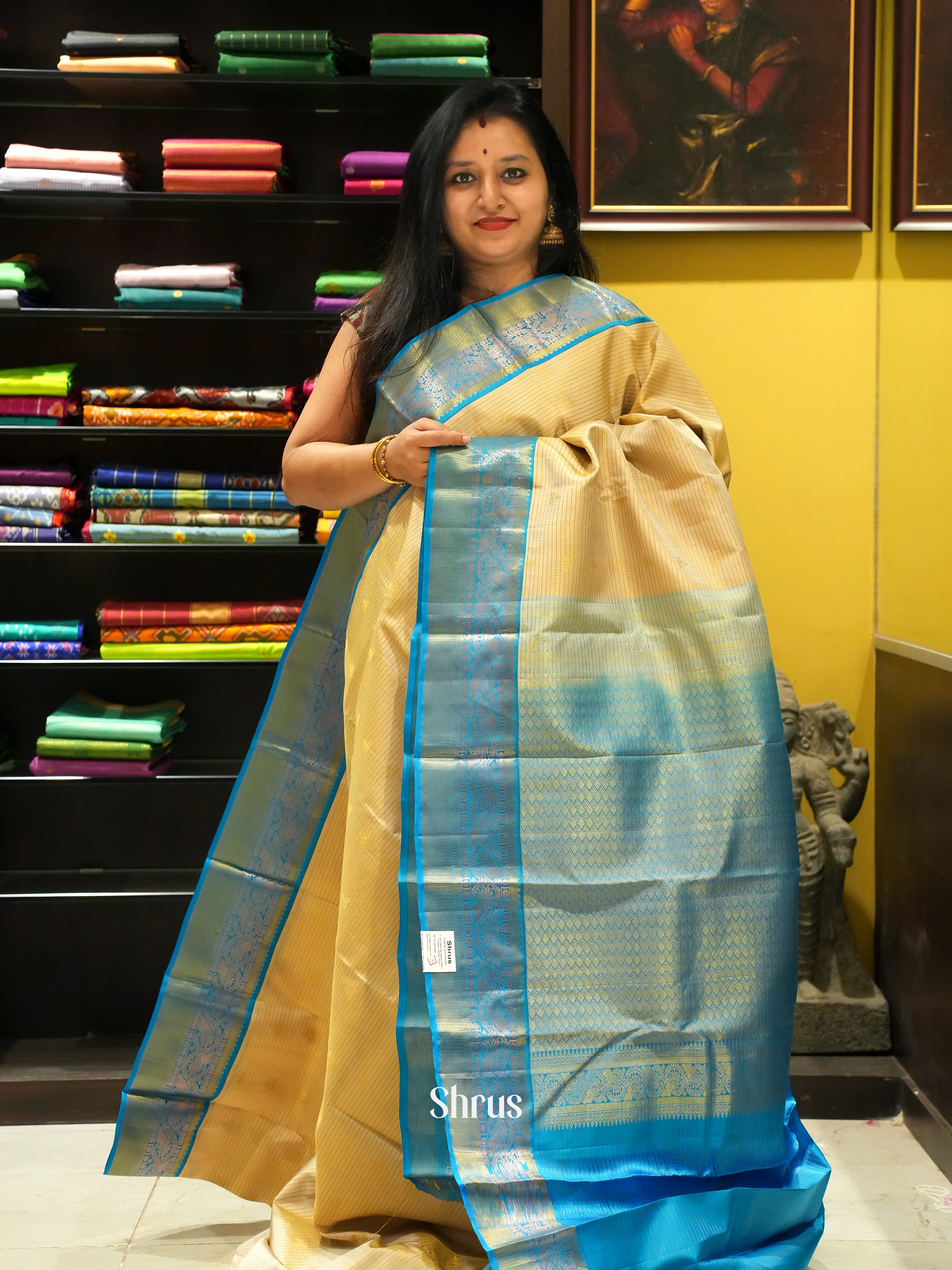 Beige & Blue - Kanchipuram silk Saree