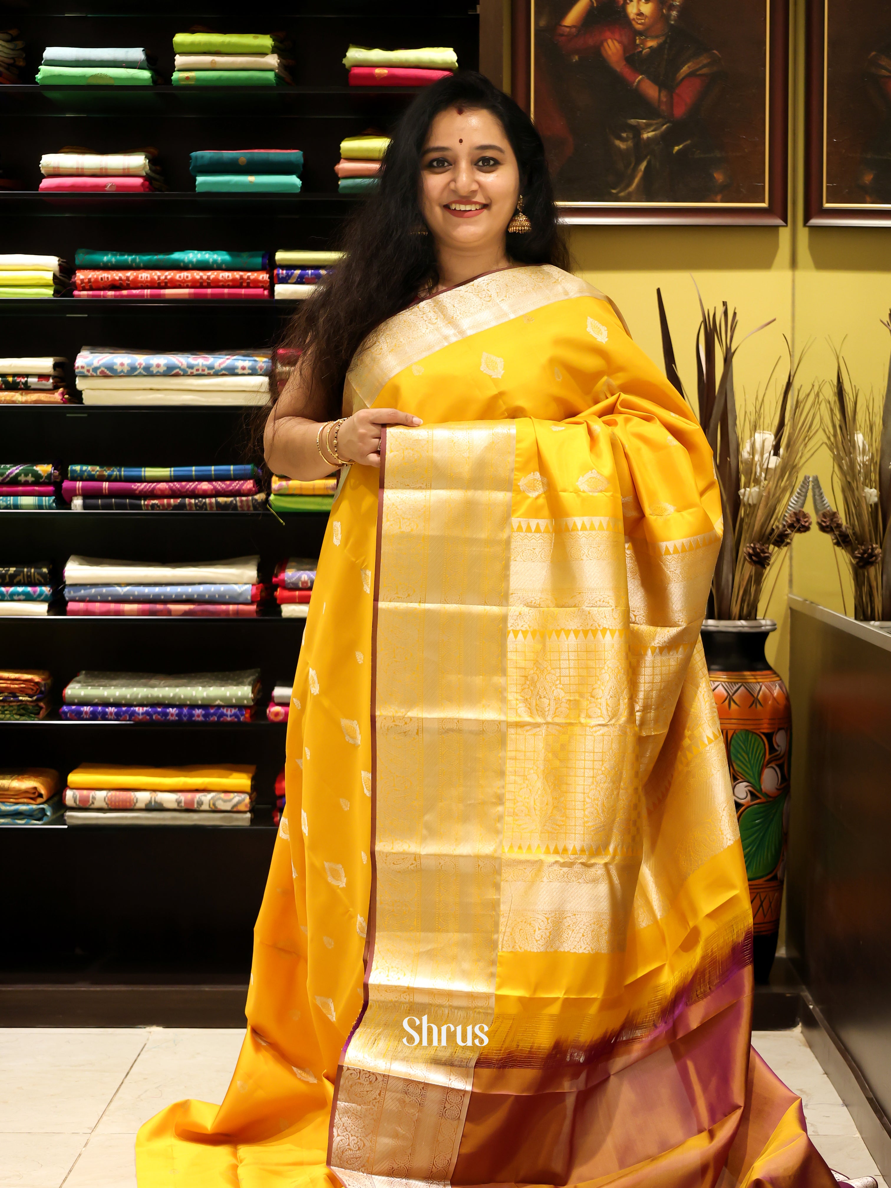 Yellow & Brown - Kanchipuram silk Saree