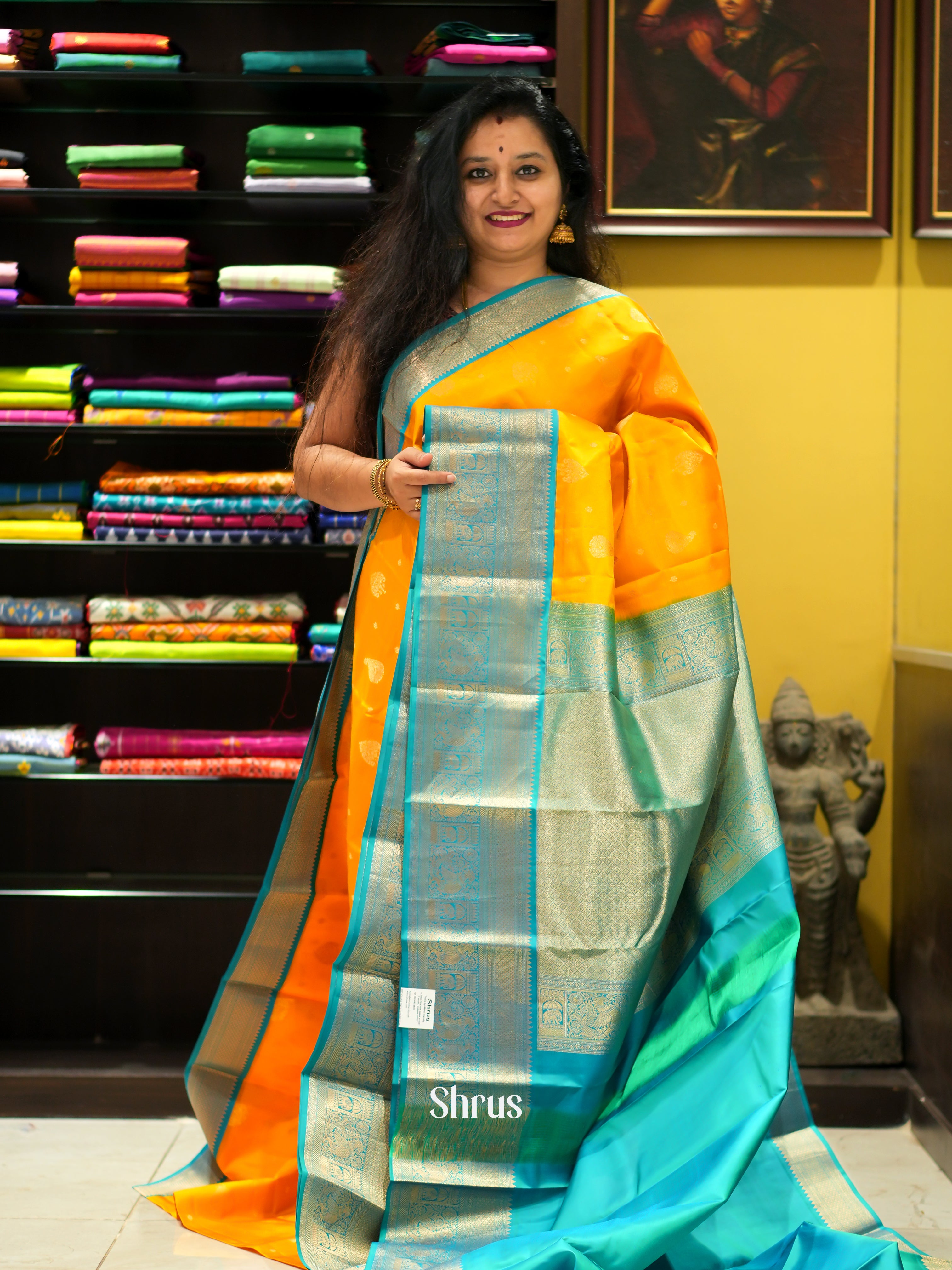 Yellow & Teal - Kanchipuram silk Saree