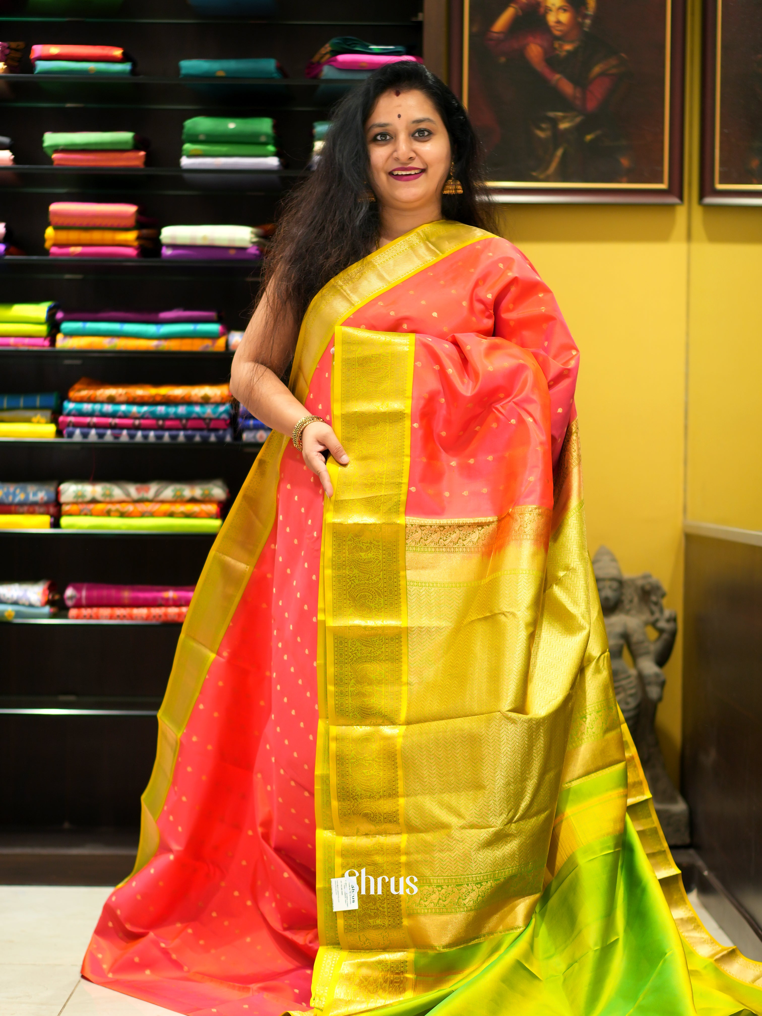 Orangish Pink & Green - Kanchipuram silk Saree