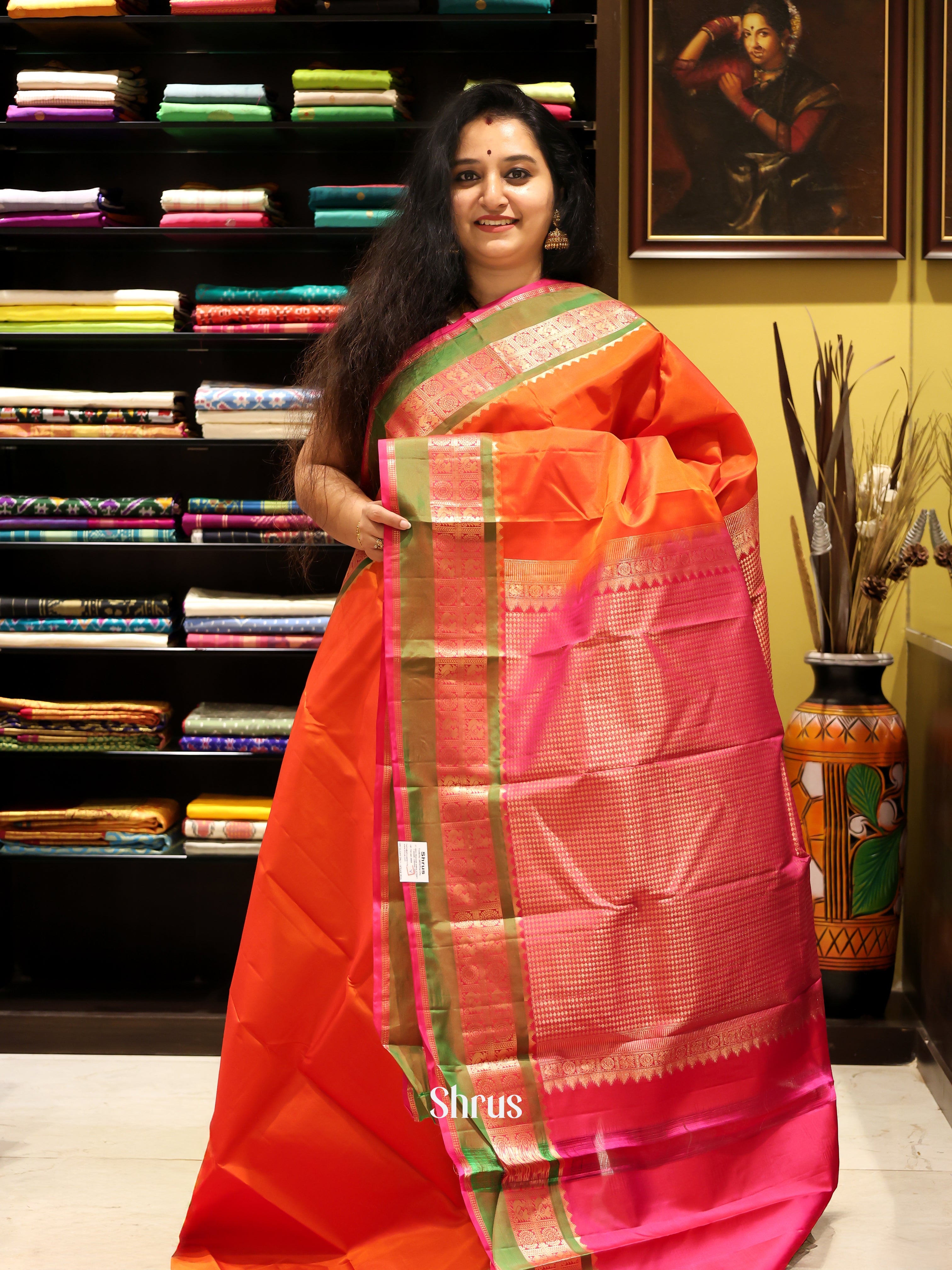 Orange &  Pink- Kanchipuram silk Saree