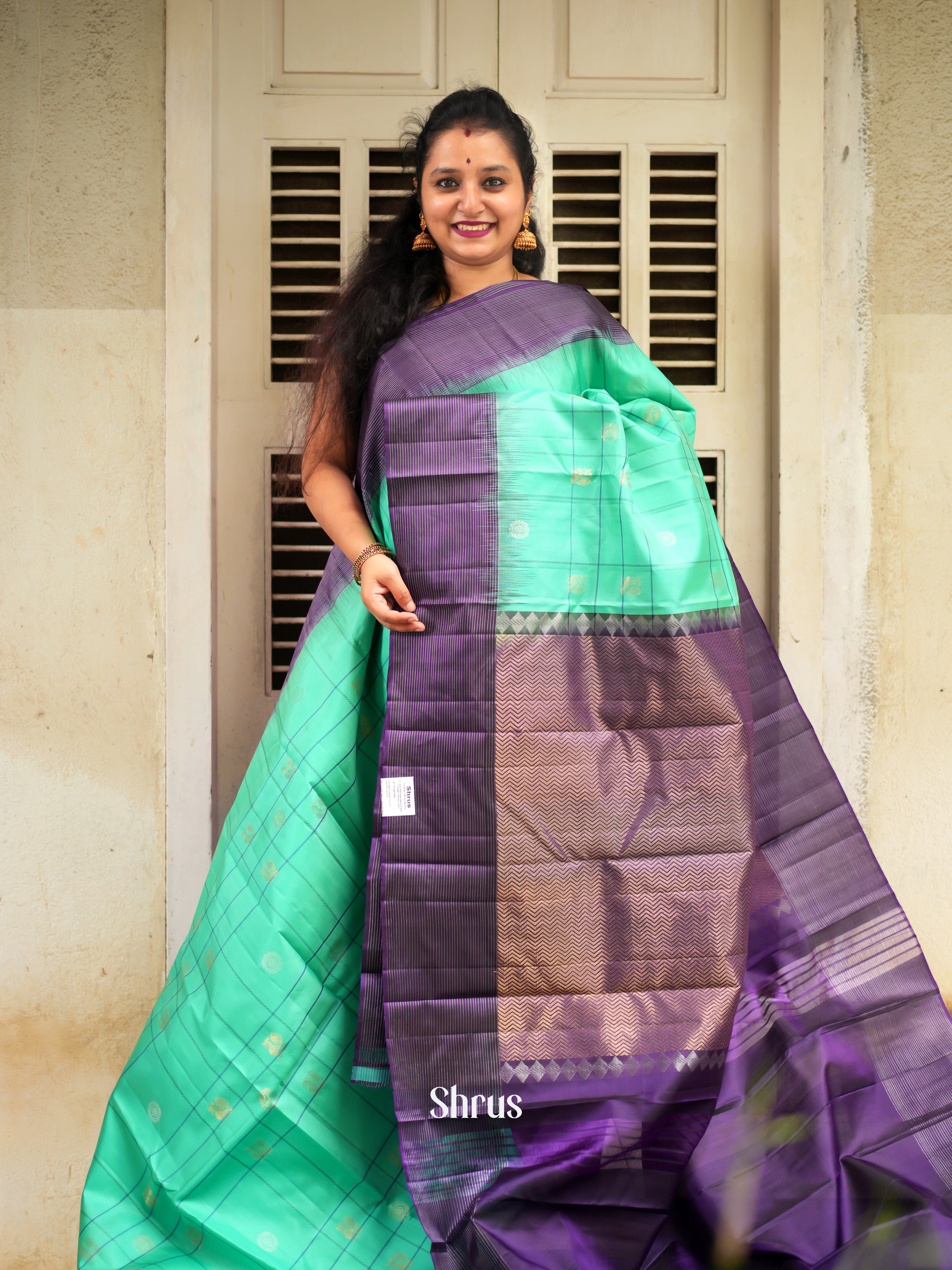 Teal Green  & Purple - Soft Silk Saree