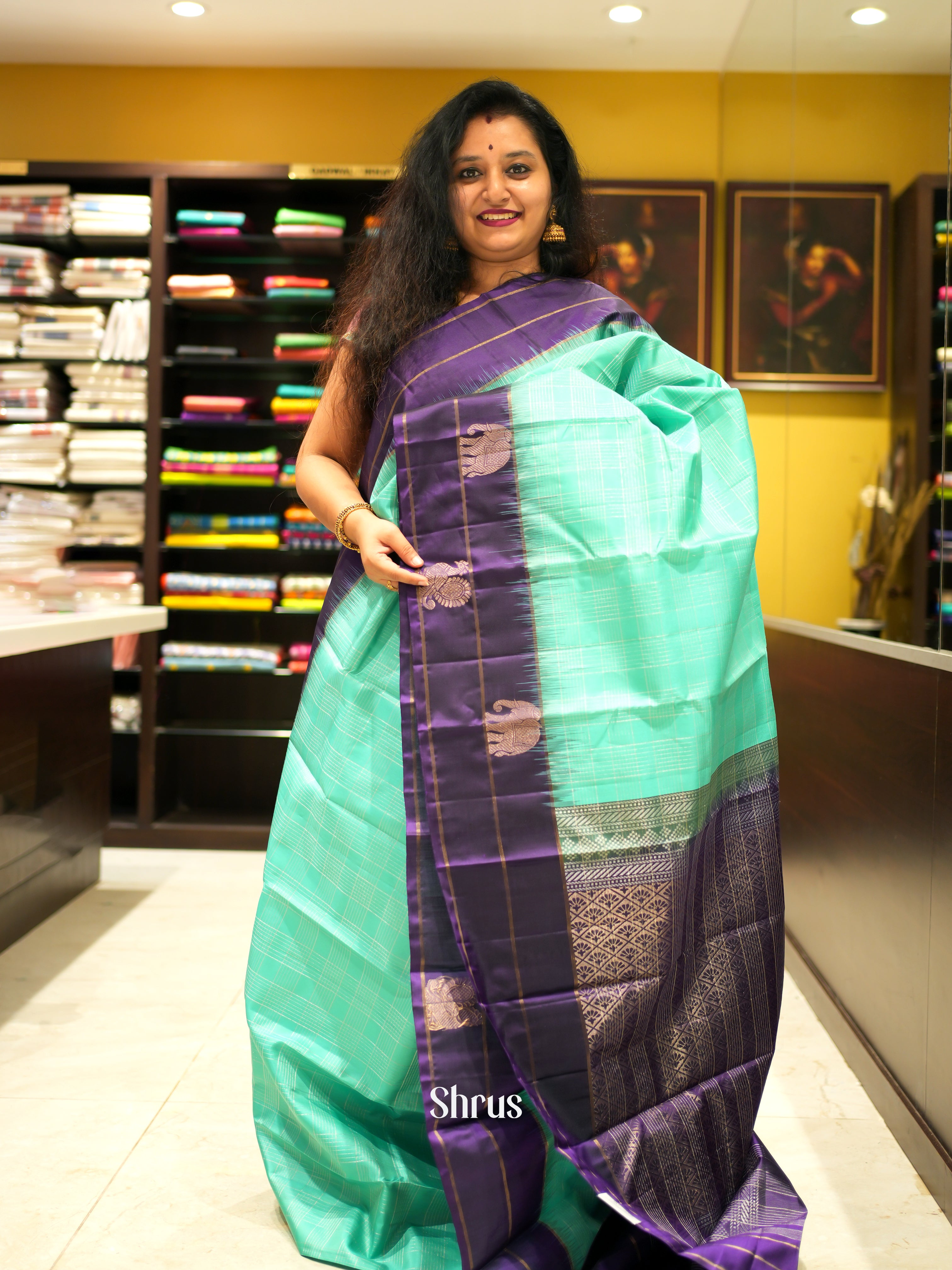 Teal Green & Violet - Soft Silk Saree