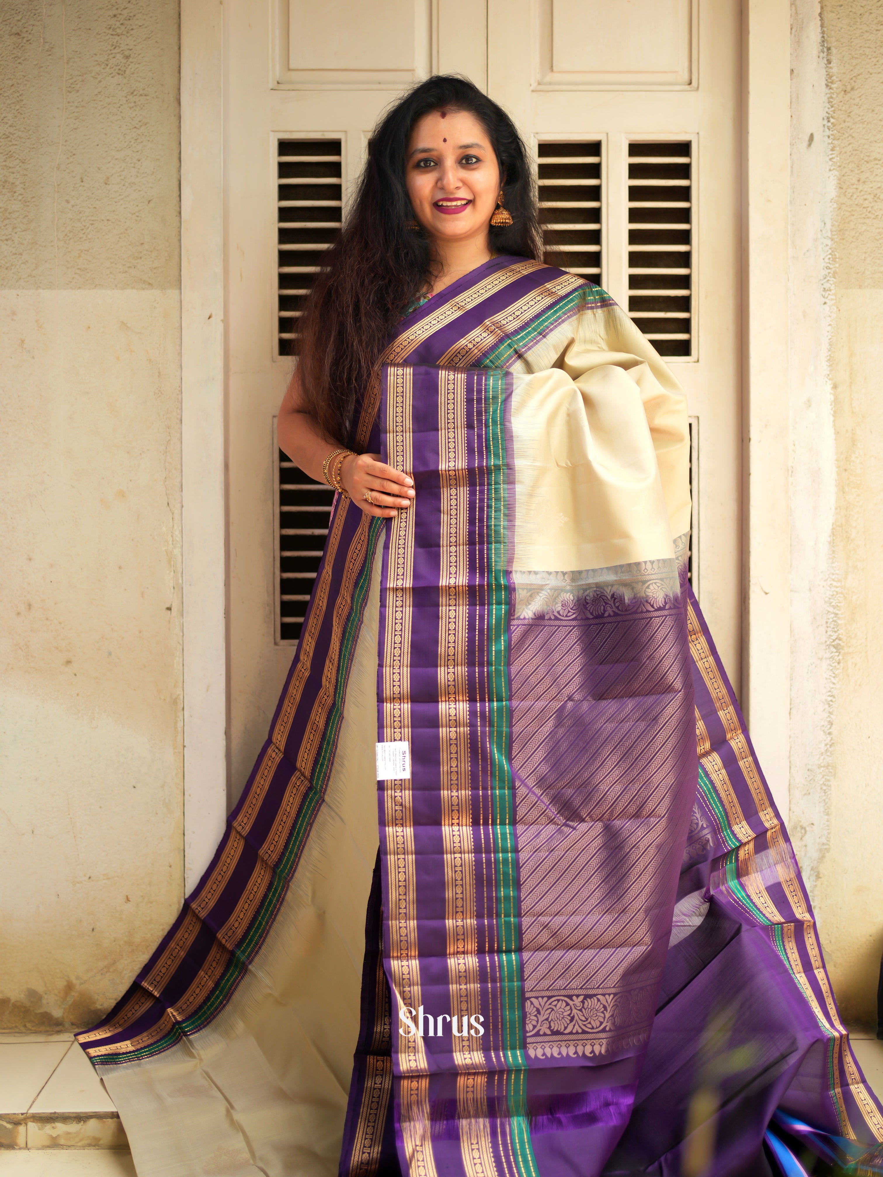 Cream & Purple  - Soft Silk Saree