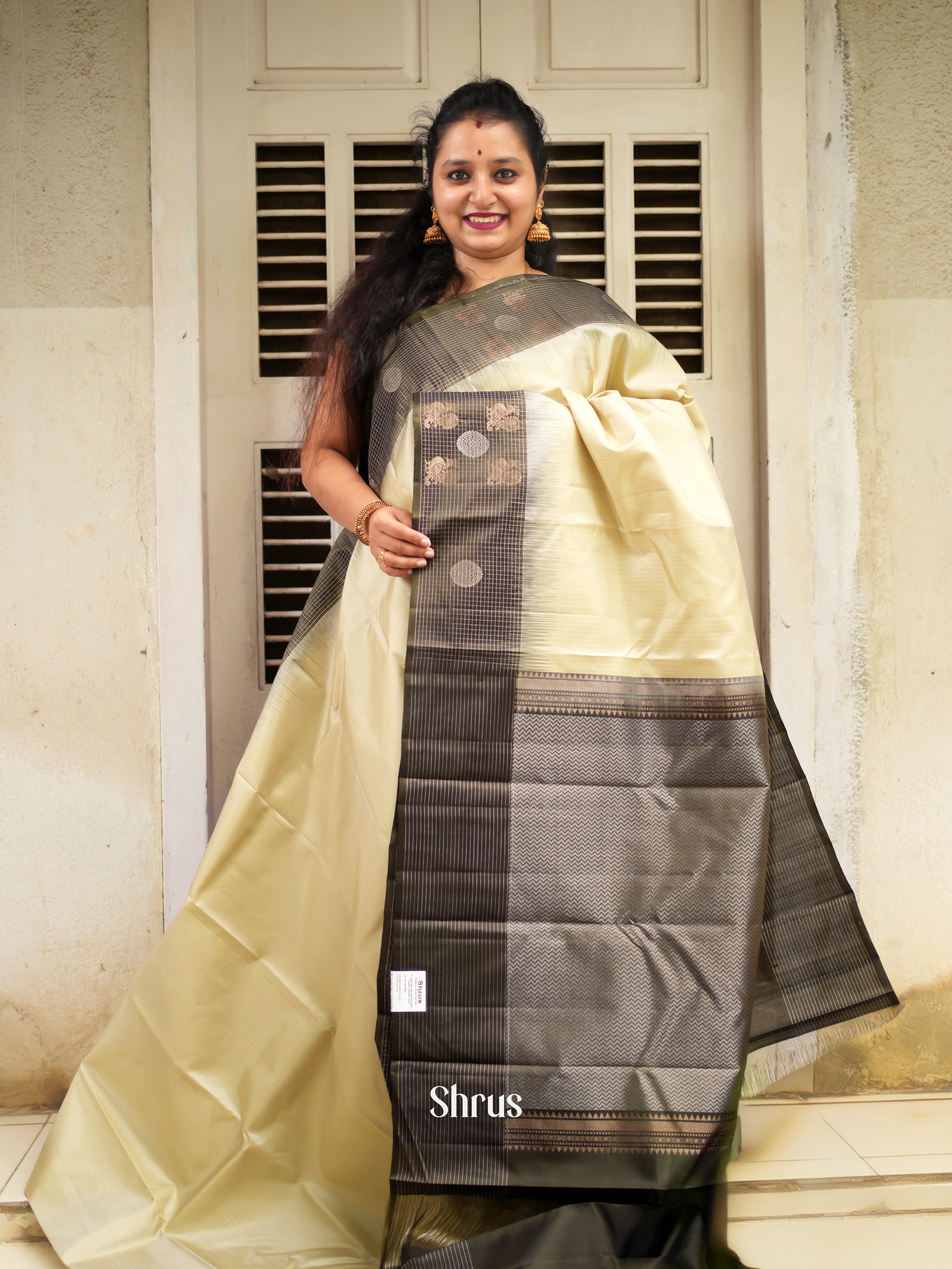 Cream & Black - Soft Silk Saree