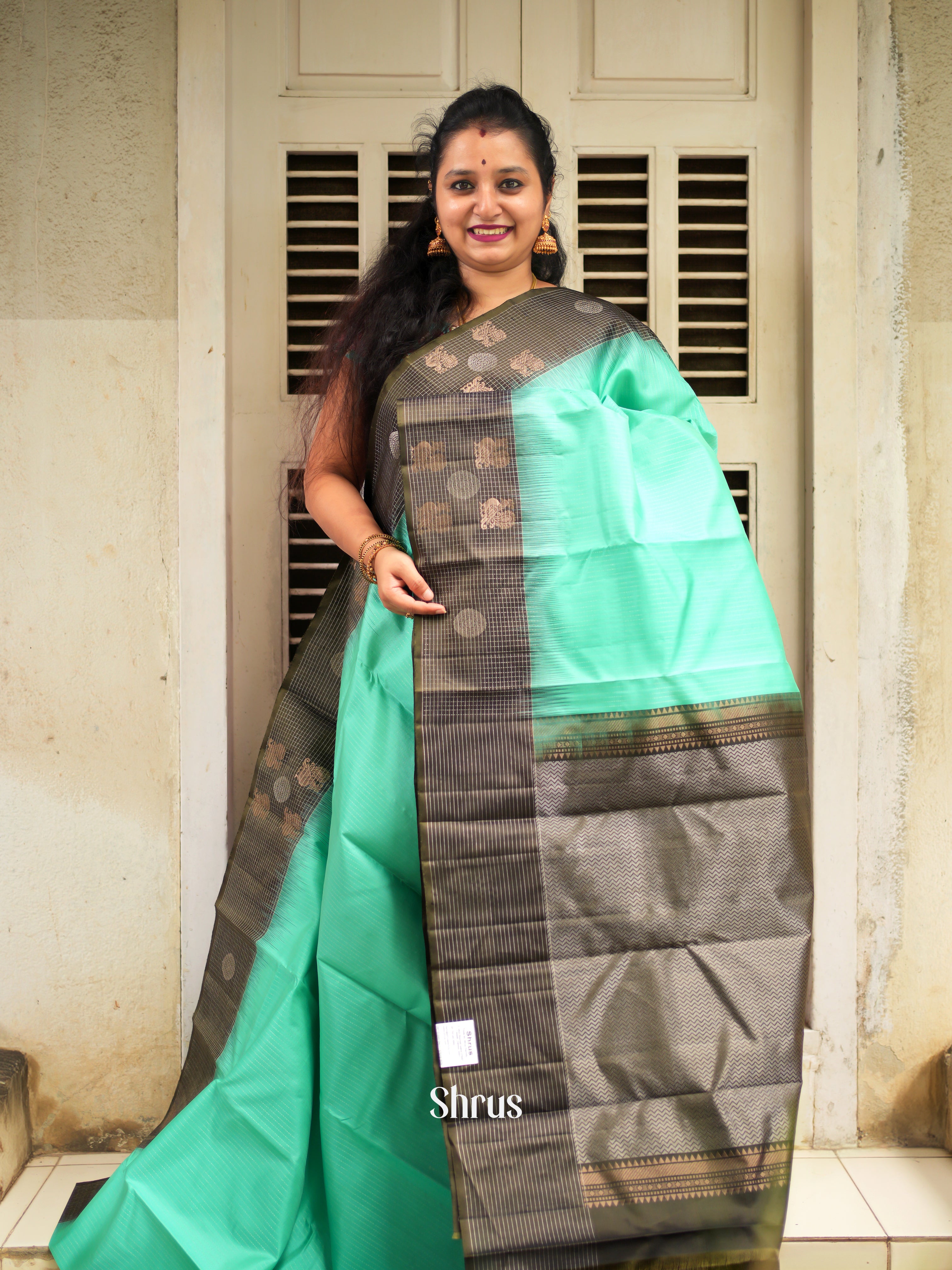 Teal Green  & Green  - Soft Silk Saree