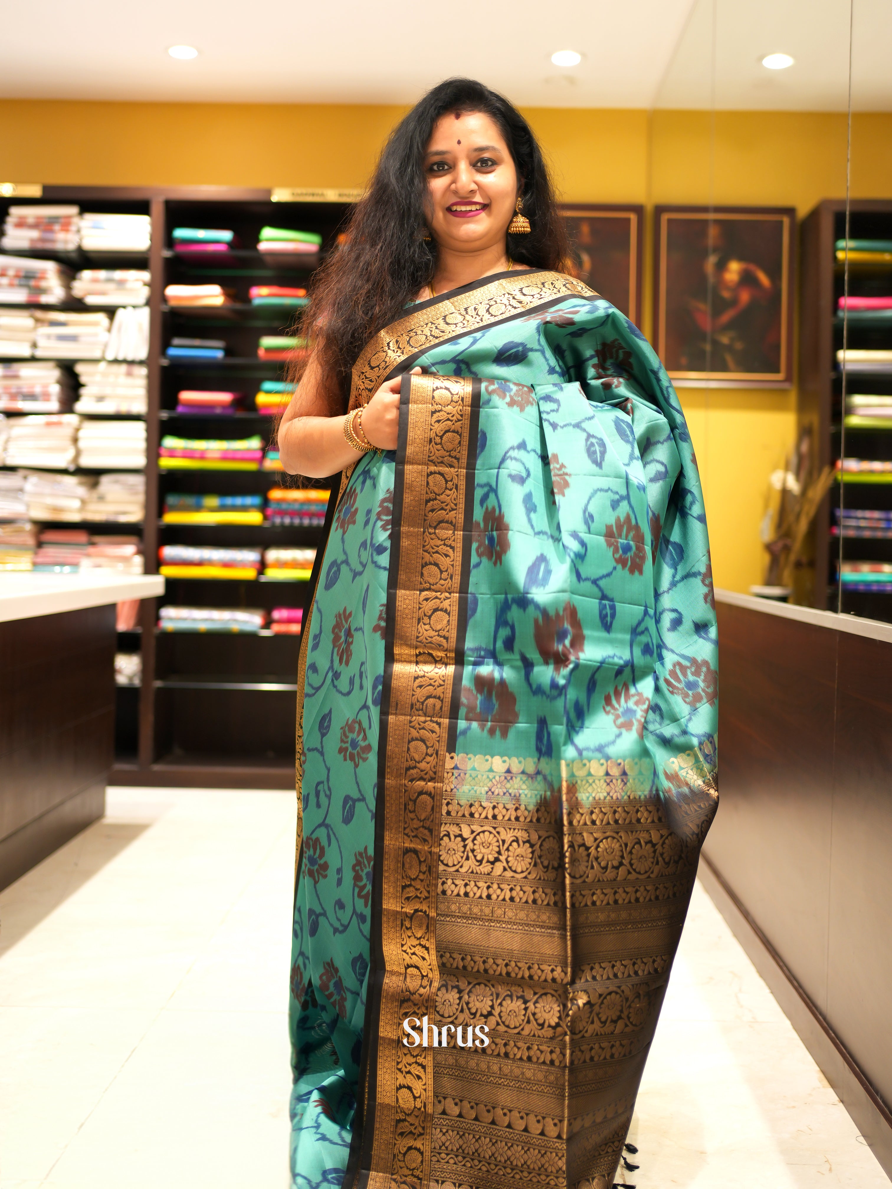 Teal Blue & Black - Soft Silk Saree