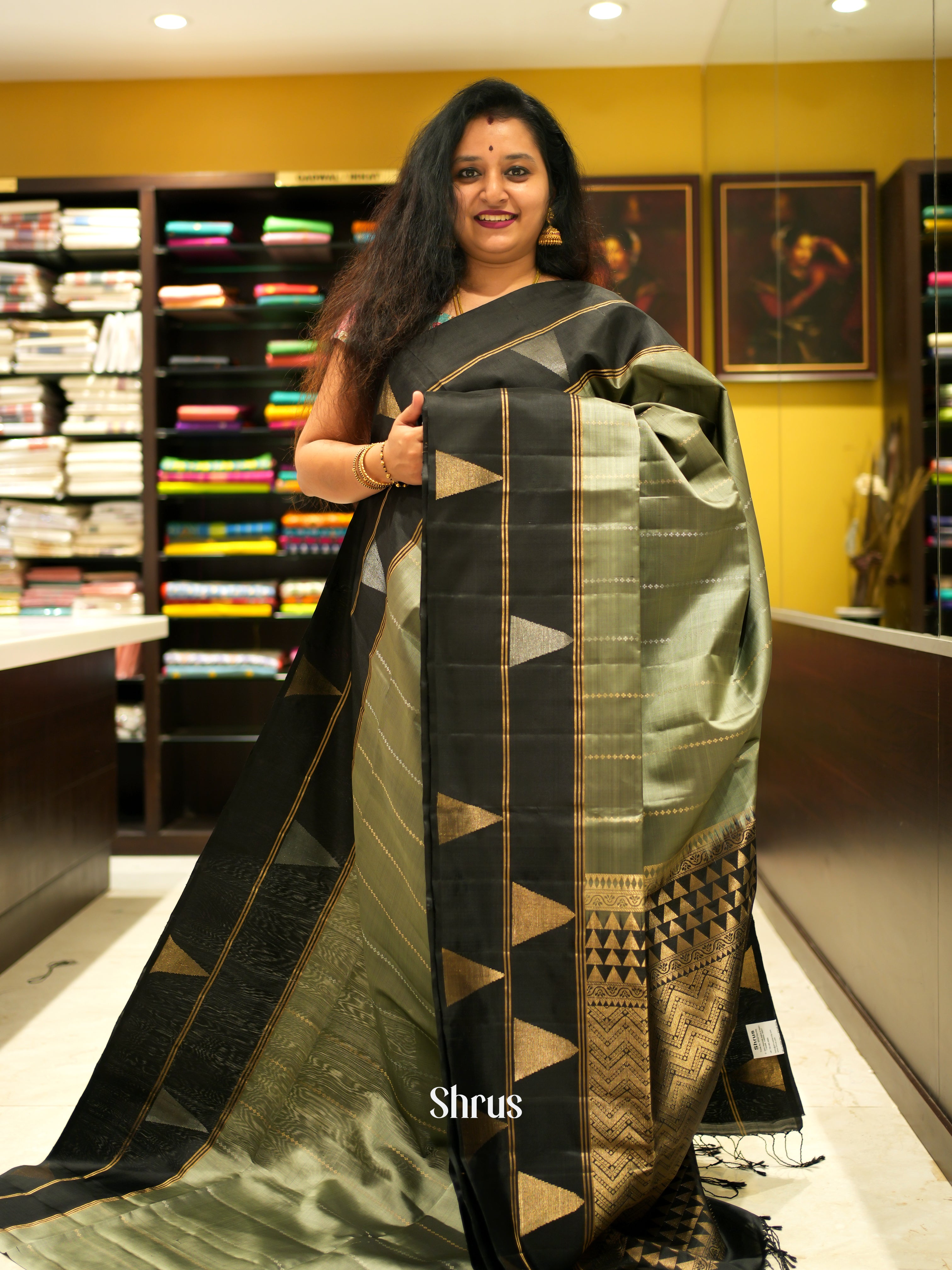 Greenish Grey & Black - Soft Silk Saree