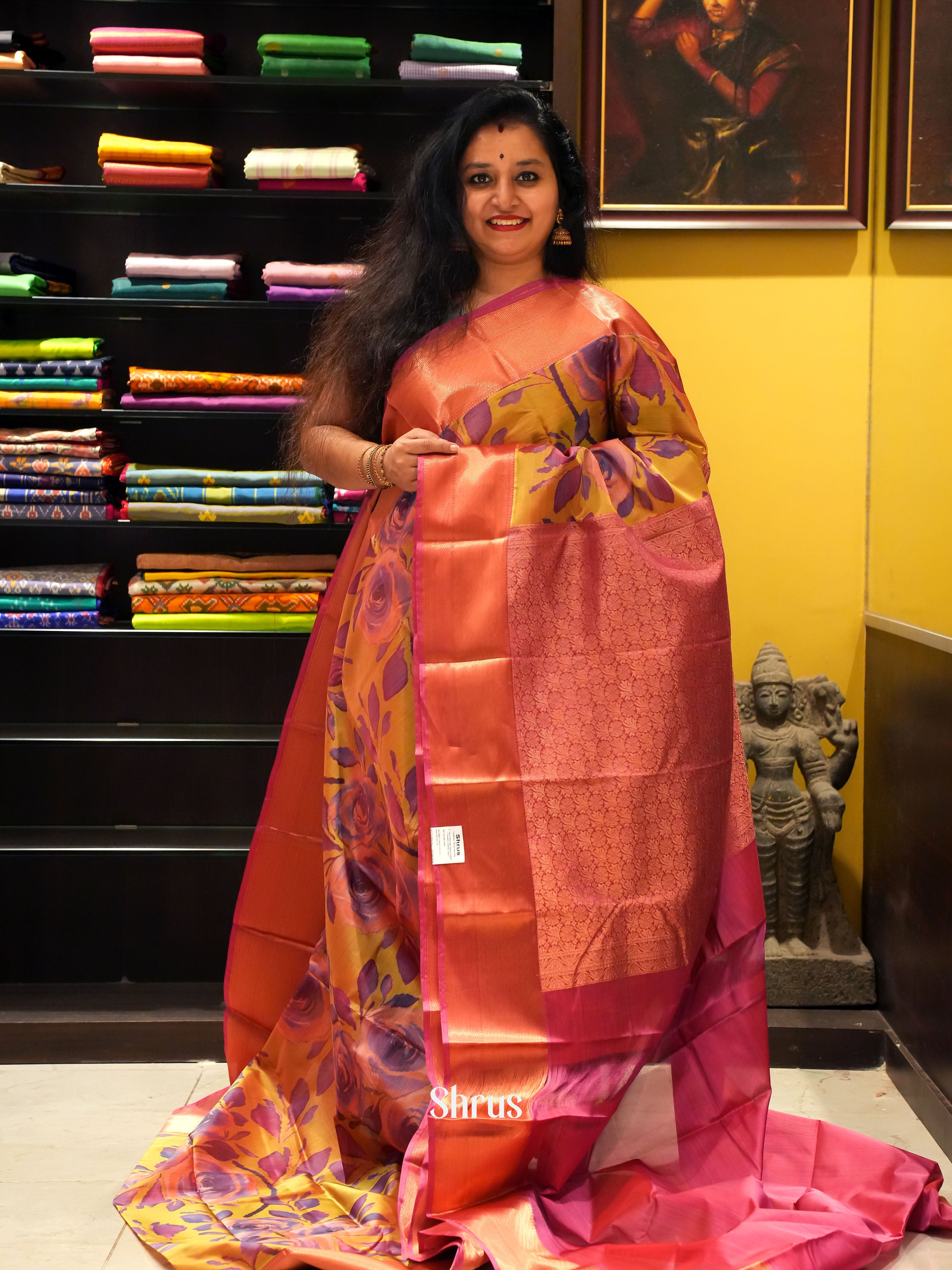 Mustard  & Red -Kanchipuram-halfpure  Saree