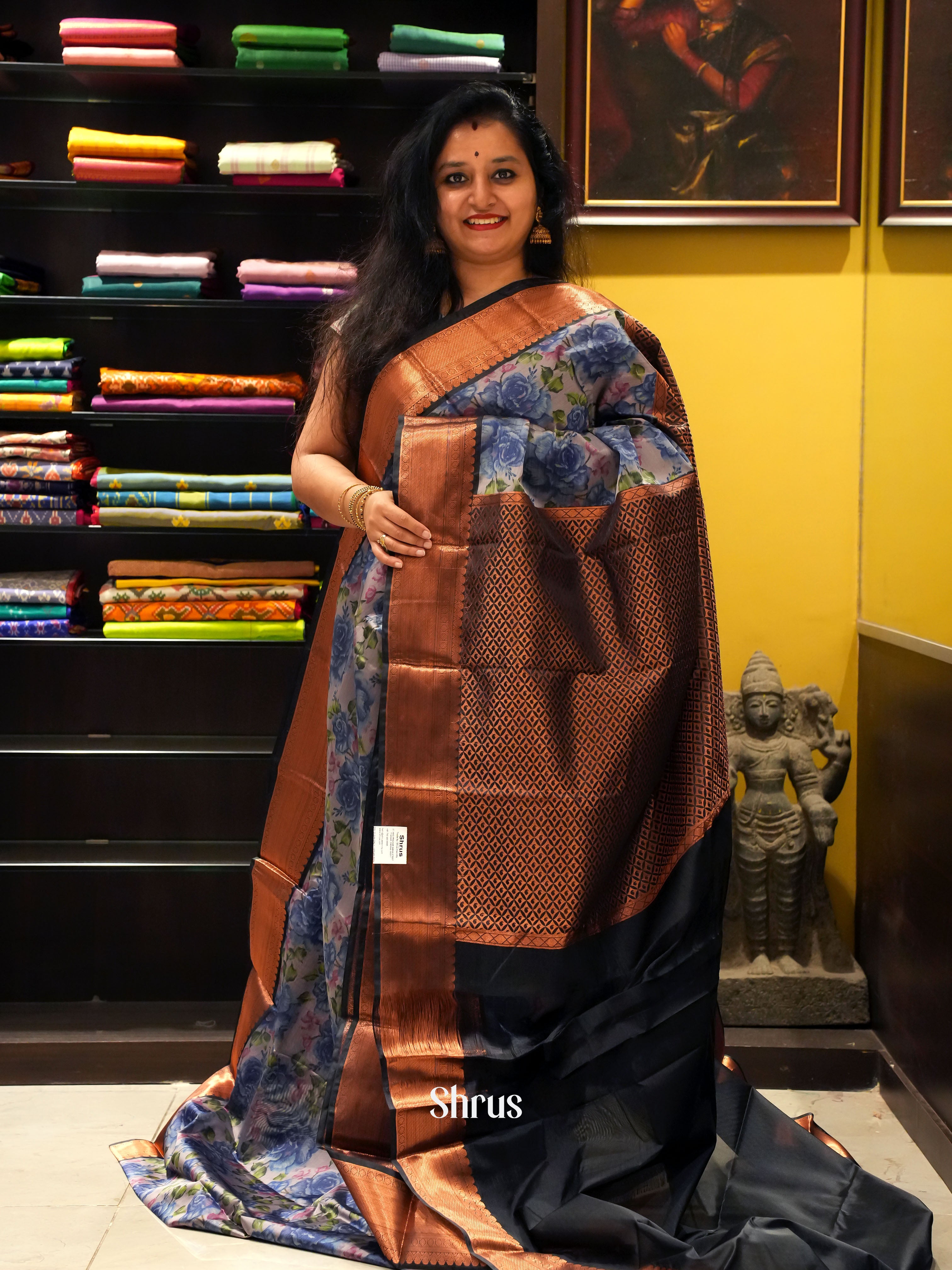 Grey & Black -Kanchipuram-halfpure  Saree