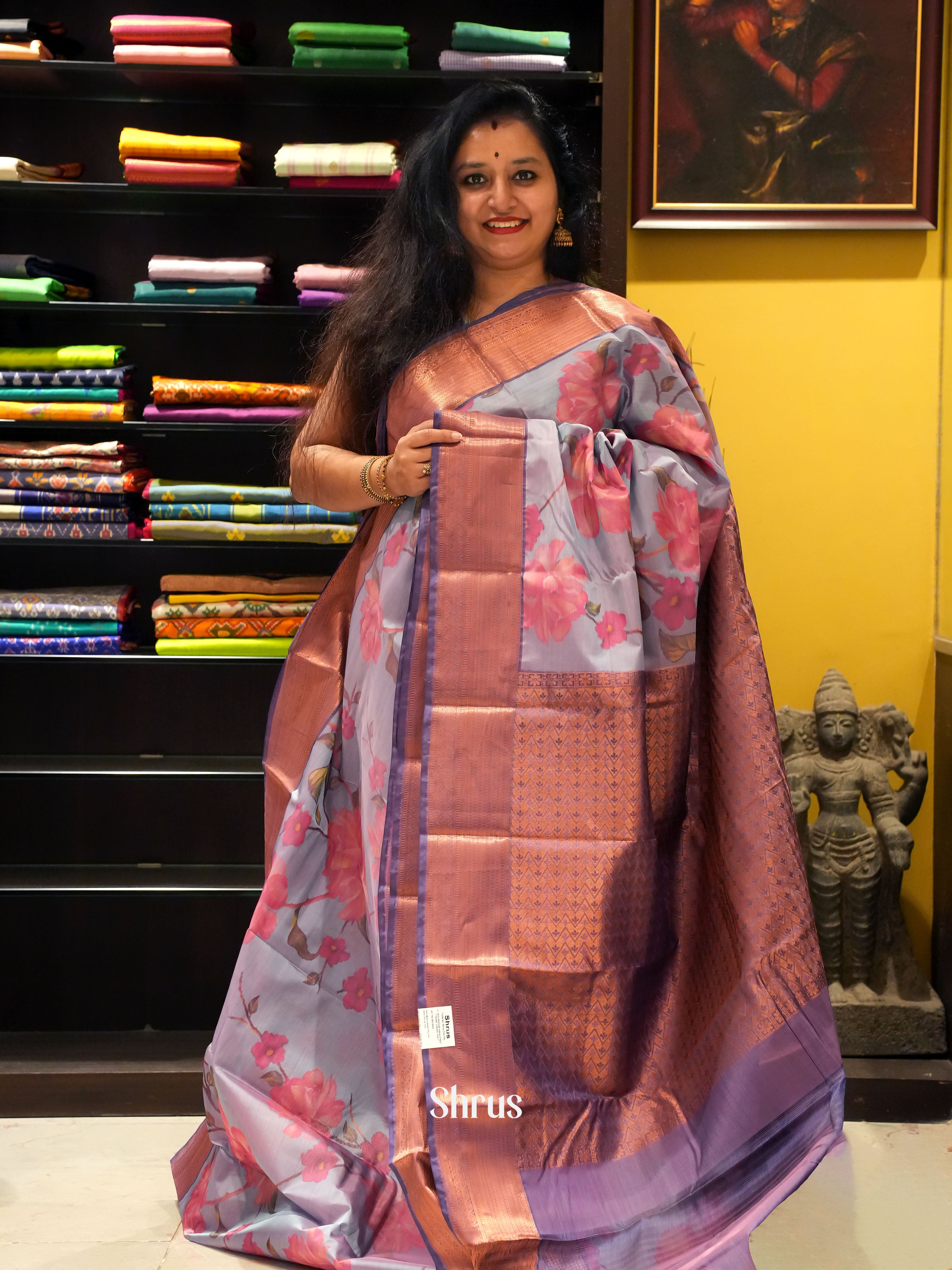 Grey & Purple- Kanchipuram-halfpure  Saree