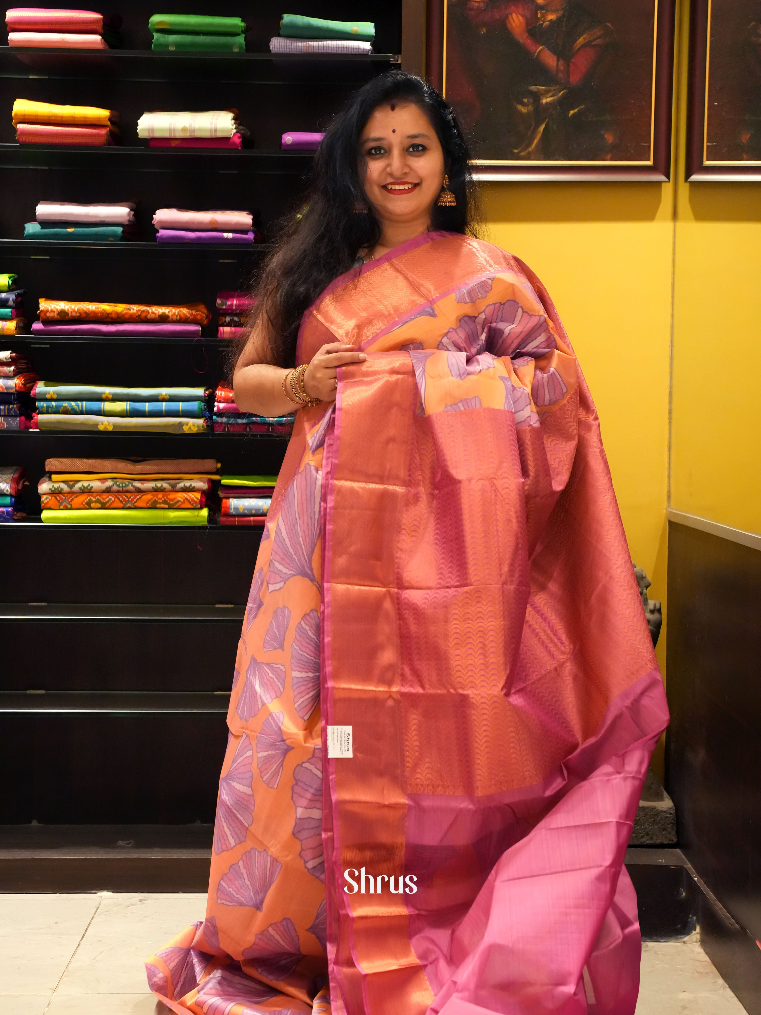 Orange & Pink- Kanchipuram-halfpure  Saree