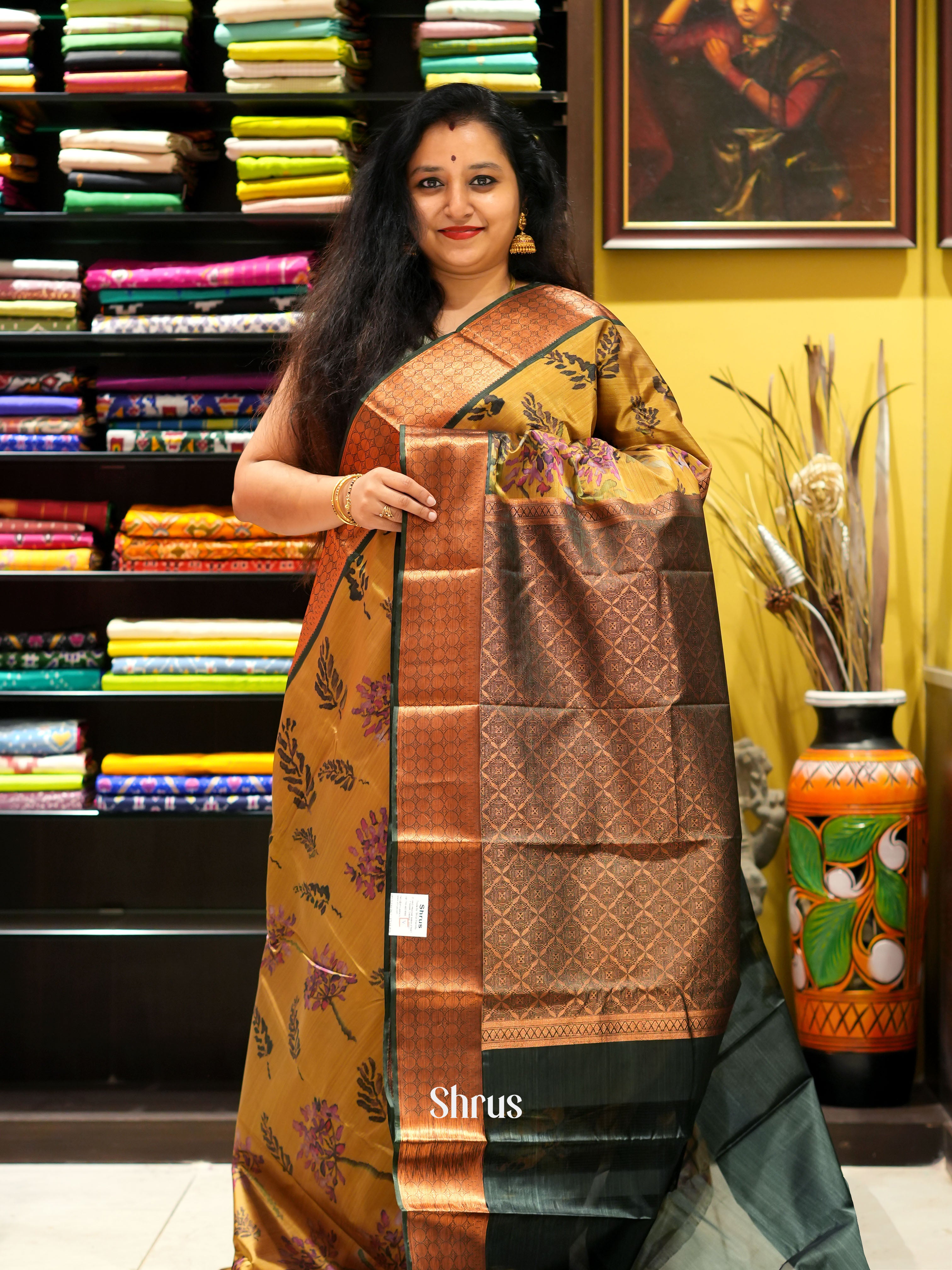 Mustard & Green - Kanchipuram-halfpure  Saree